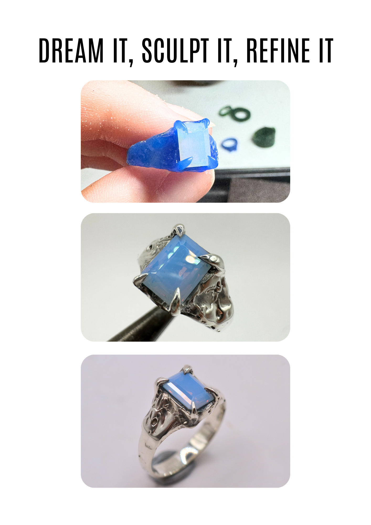 A blue ferris wax ring with gothic claws holding a milky opal nano crystal. Two images of the wax ring transformed into sterling silver.