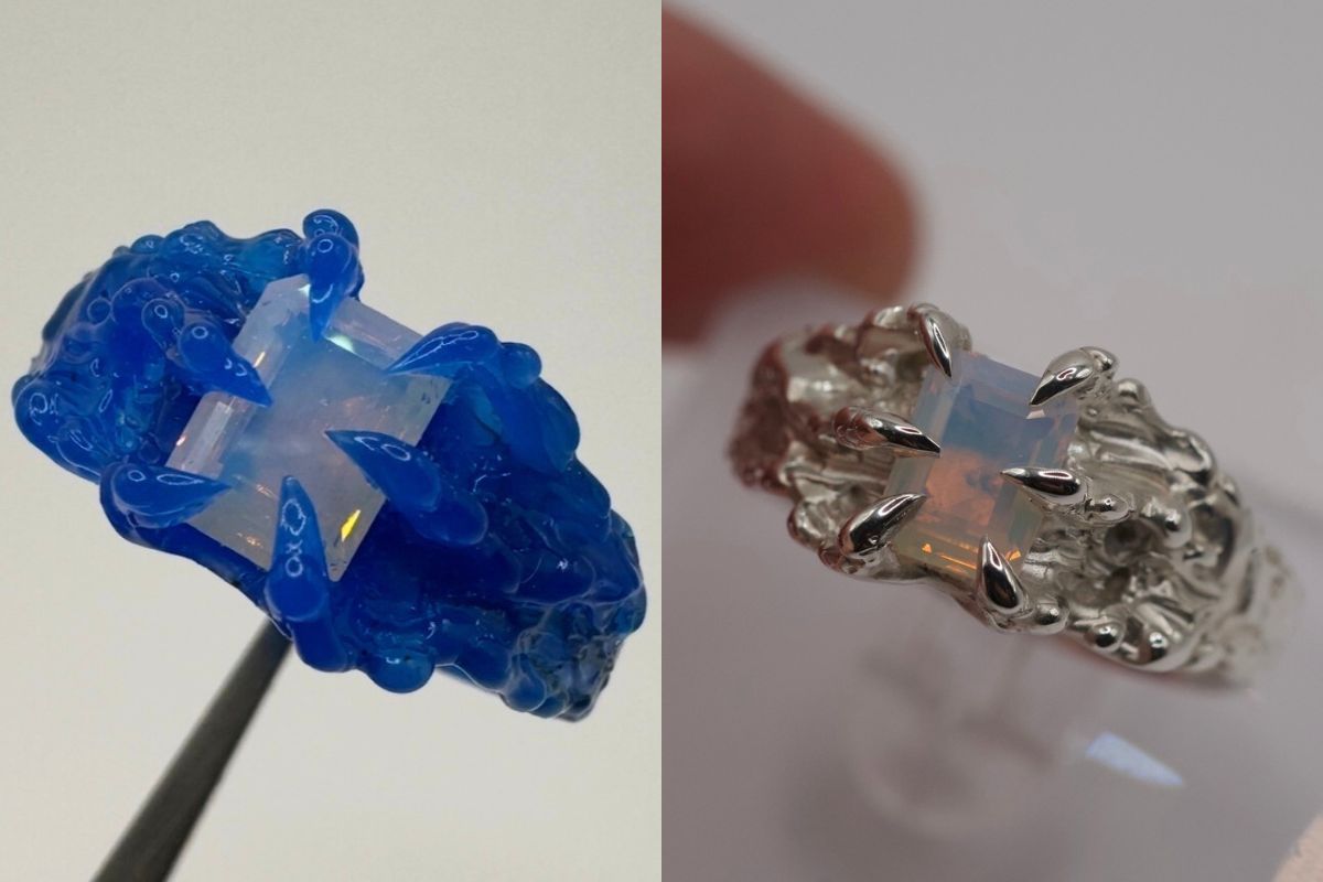 blue ferris wax carved ring before and after lost wax casting, shown as finished sterling silver ring