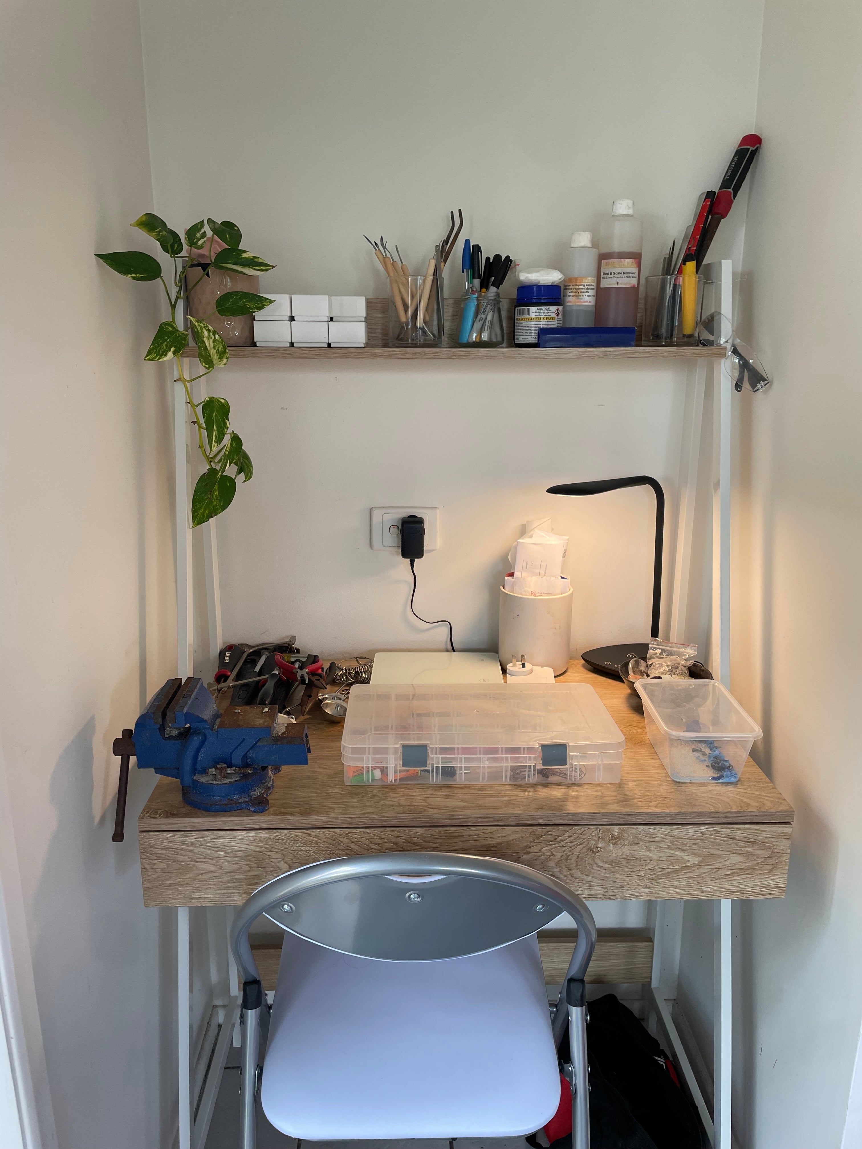 Early beginner workspace setup used for lost wax jewellery making and wax carving from home.