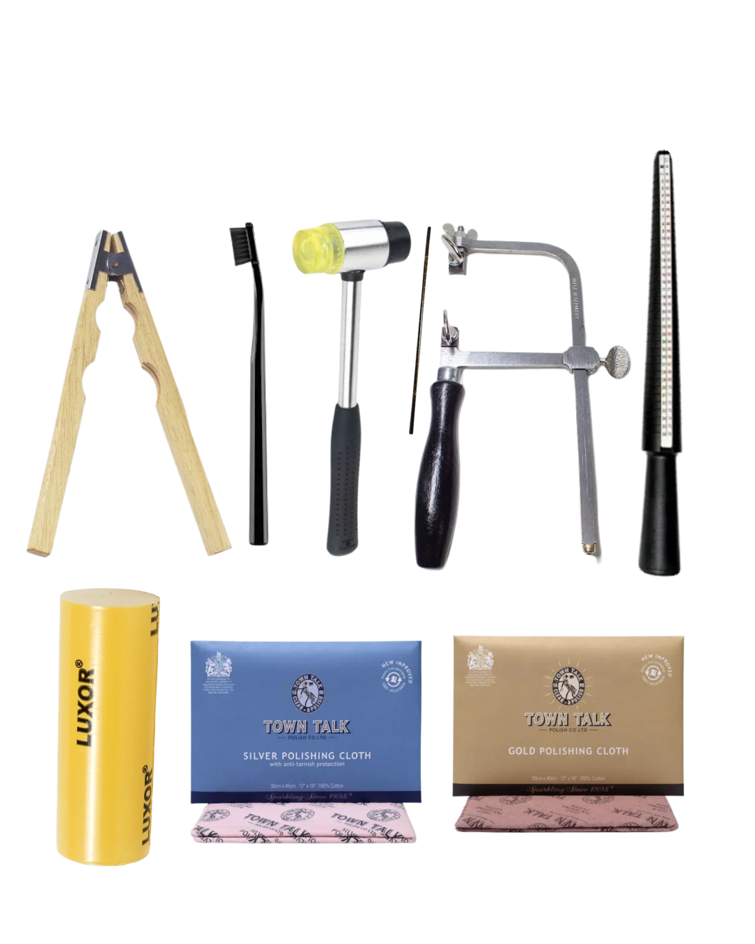 A set of dental polishing and cleaning tools arranged on a white background, including wooden ring holder, a small black tooth brushbrush, a silver-and-yellow soft nylon hammer mallet, a metal cheek file, a black and silver tongue scraper, a yellow cylindrical Luxor polish, a blue silver Town Talk polishing cloth, and a gold Town Talk polishing cloth.