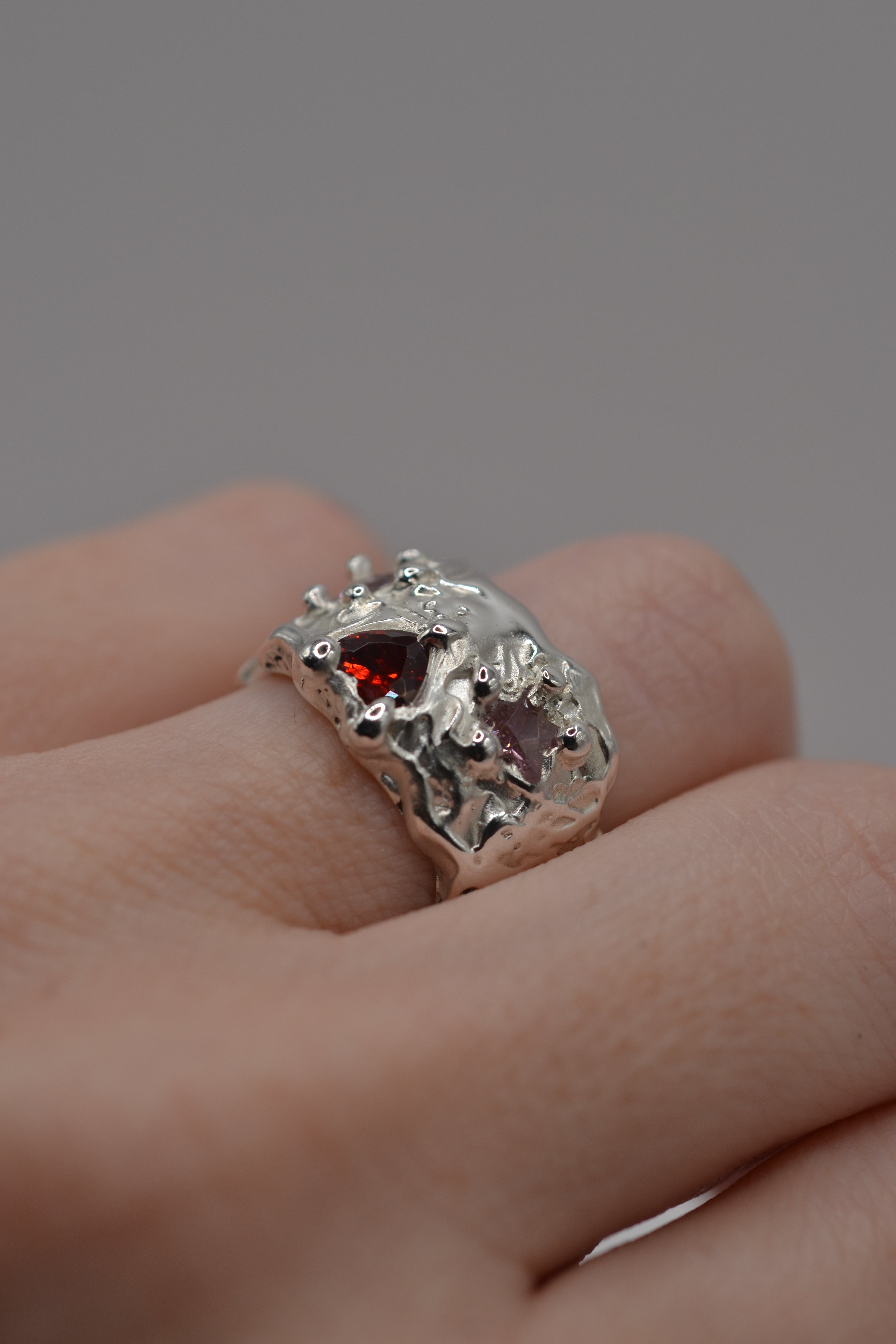 Organic sterling silver ring on hand. Alternative engagement ring, handmade lost wax casting. Cosmic cowgirl. Metal Bones Jewellery.
