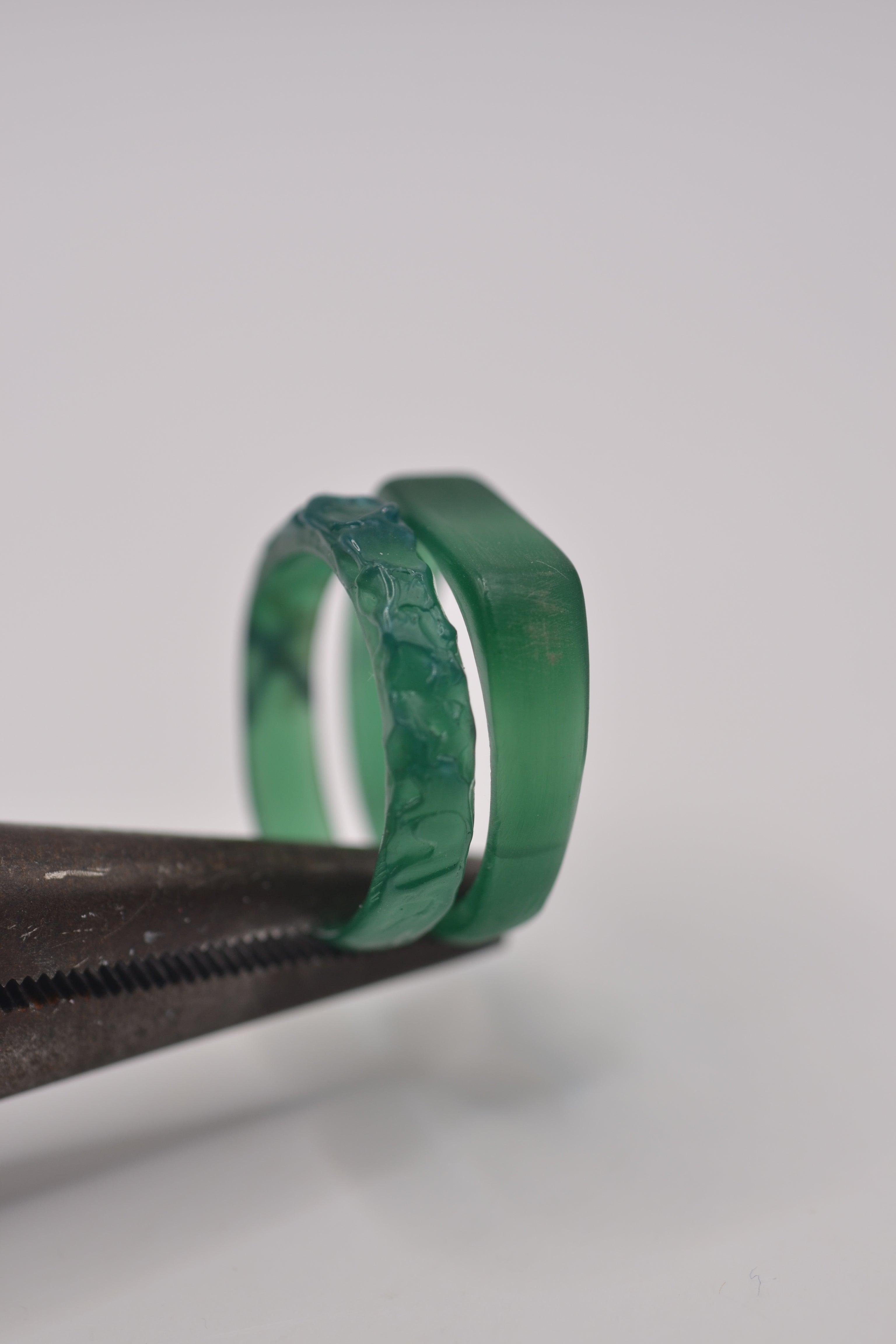 Examples of wax rings carved by hand to explore shape, thickness and texture before casting.