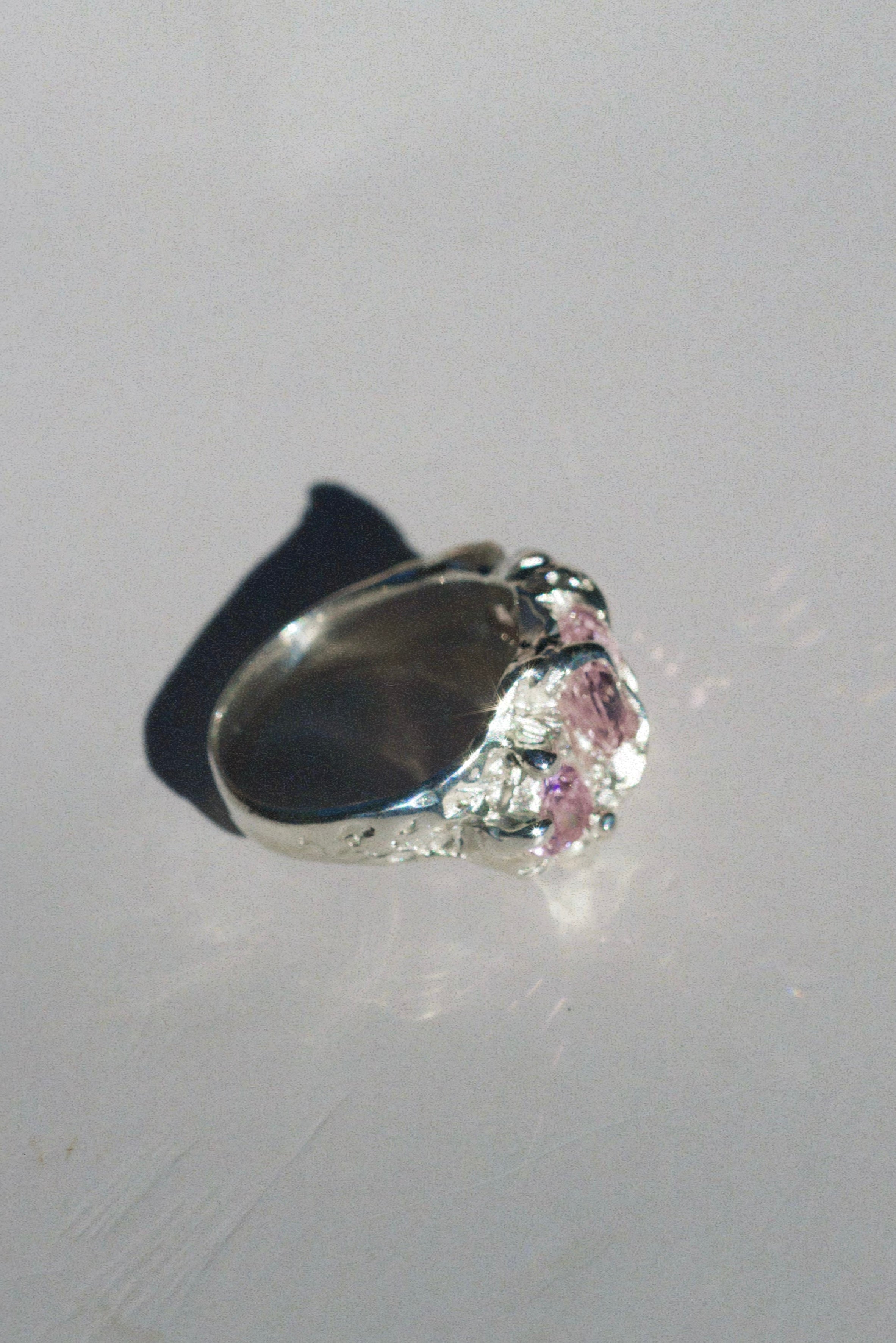Unique handmade alternative jewellery Blossom Ring lost wax cast in recycled sterling silver with pink gemstone cluster setting