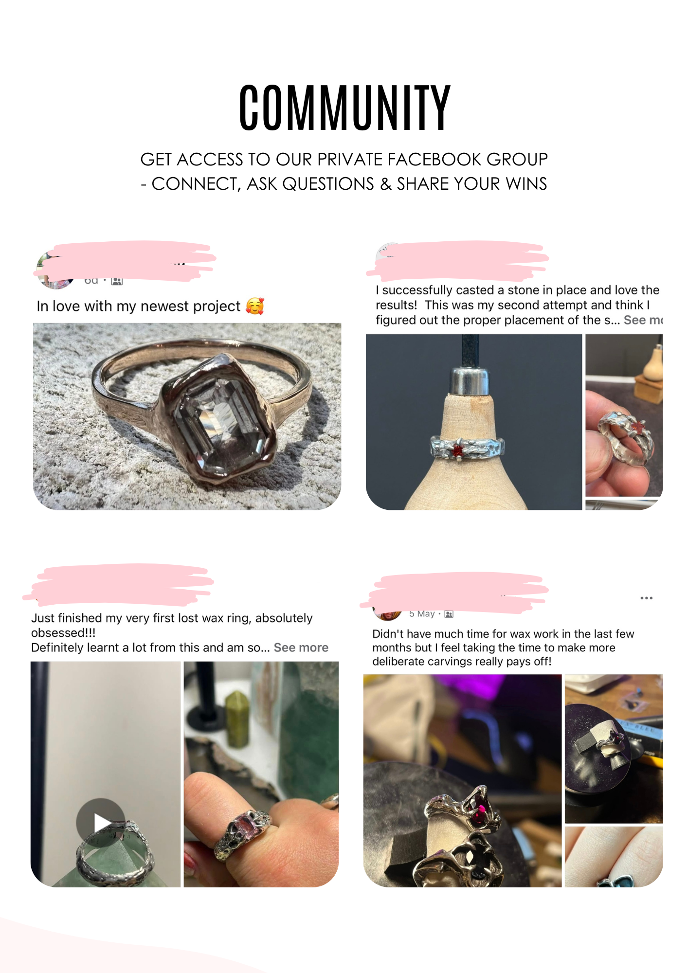 images of posts in private community group for lost wax
