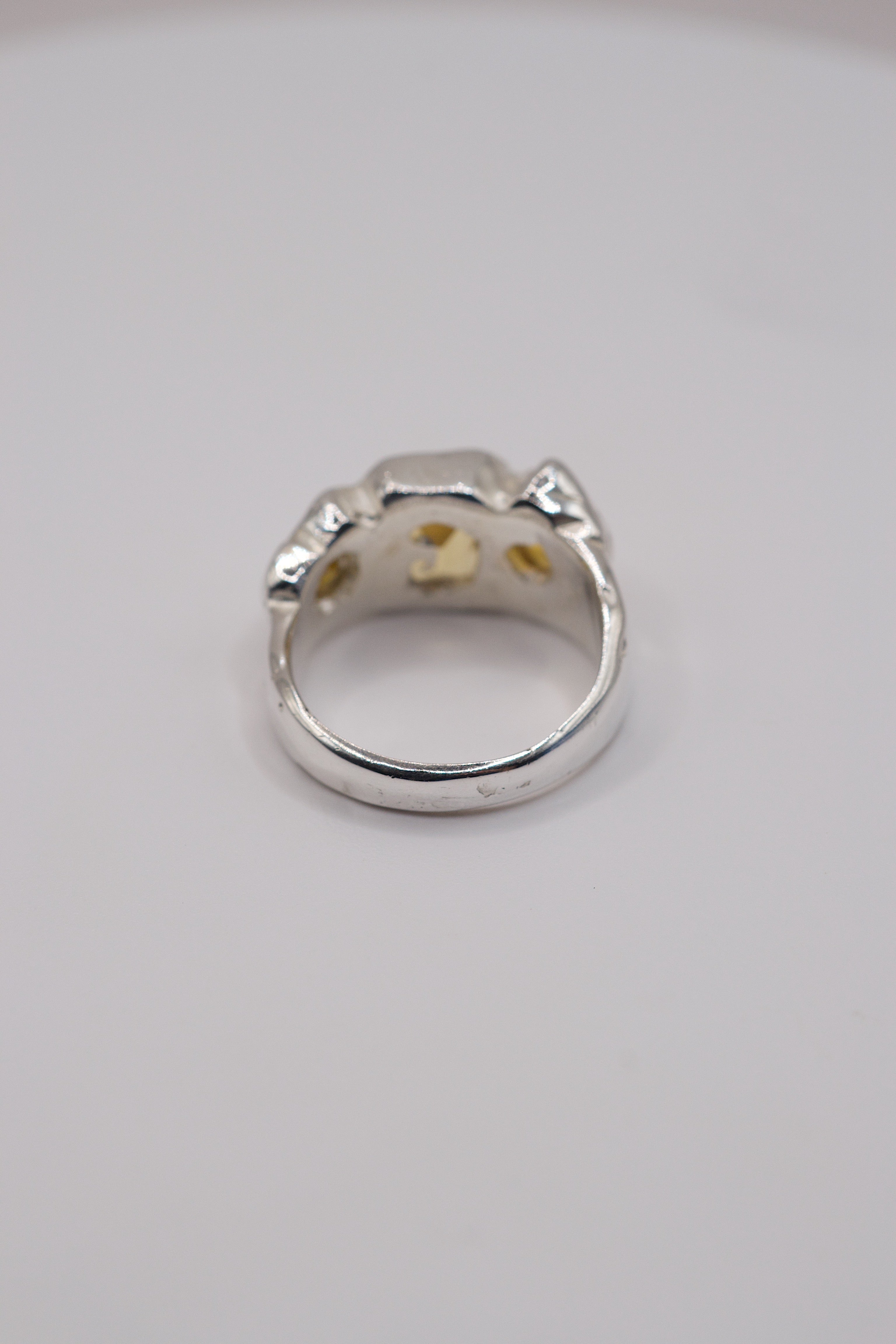 Back angle of the Crystallised Honey Ring showing organic recycled sterling silver band handmade using the lost wax casting technique