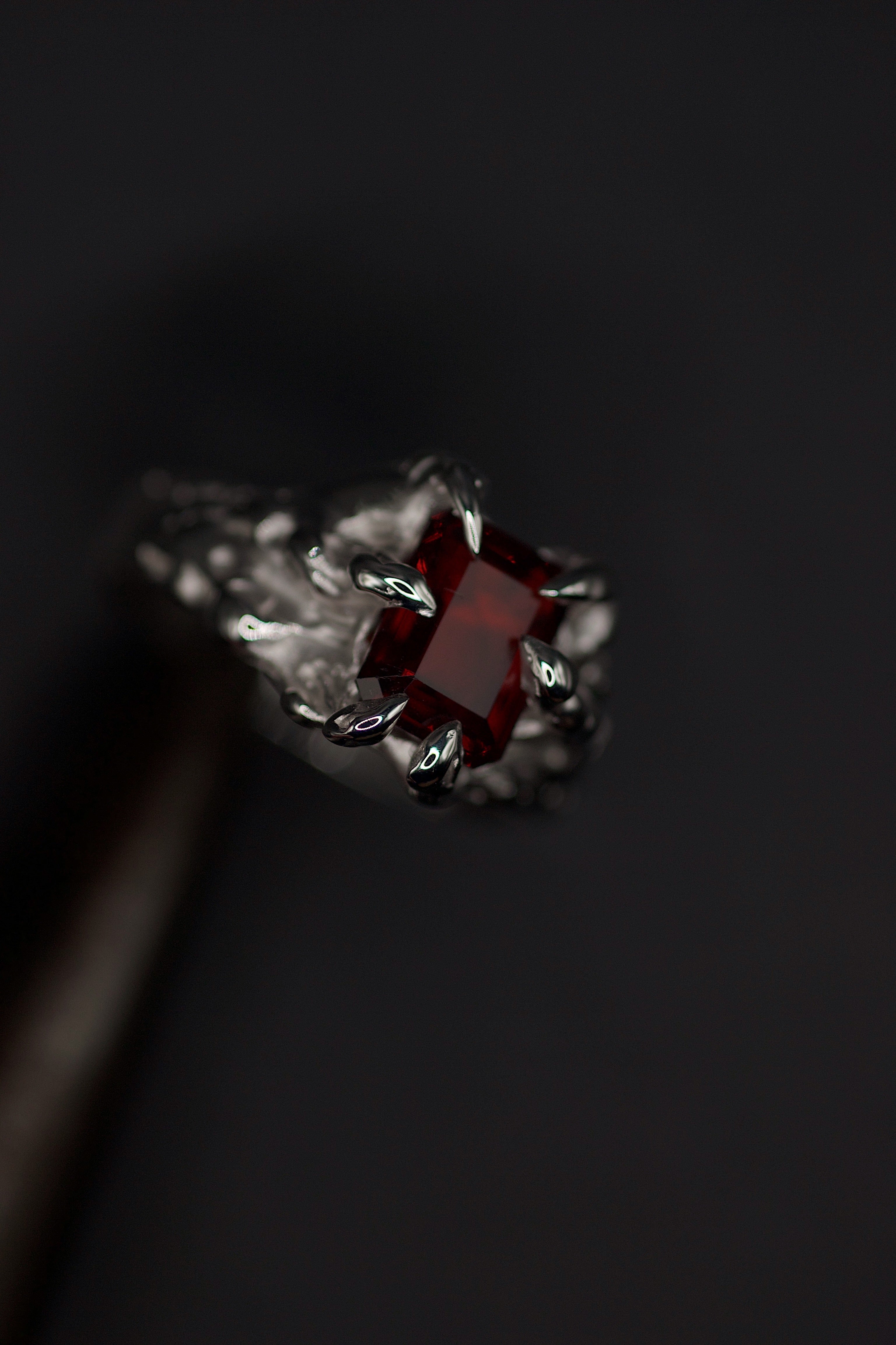 Gothic inspired lost wax cast silver ring with sculpted dragon claws, non traditional engagement ring handmade from recycled sterling silver