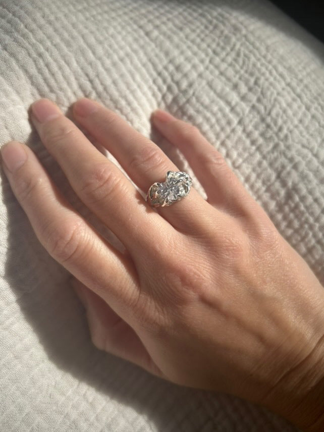 Customer wearing Metal Bones Jewellery rings, handmade silver rings