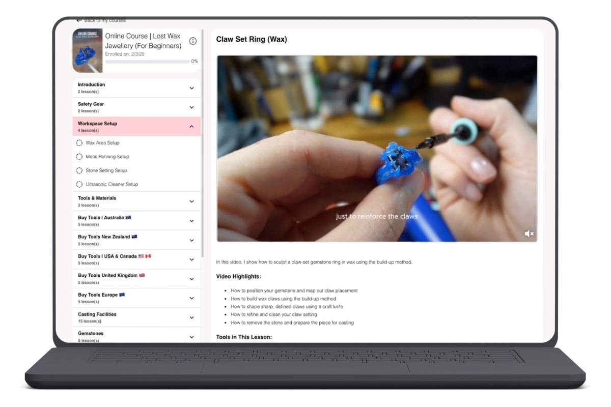 Laptop screen showing the online wax carving jewellery course for beginners, teaching students how to make organic rings and handmade silver jewellery at home using the lost wax technique