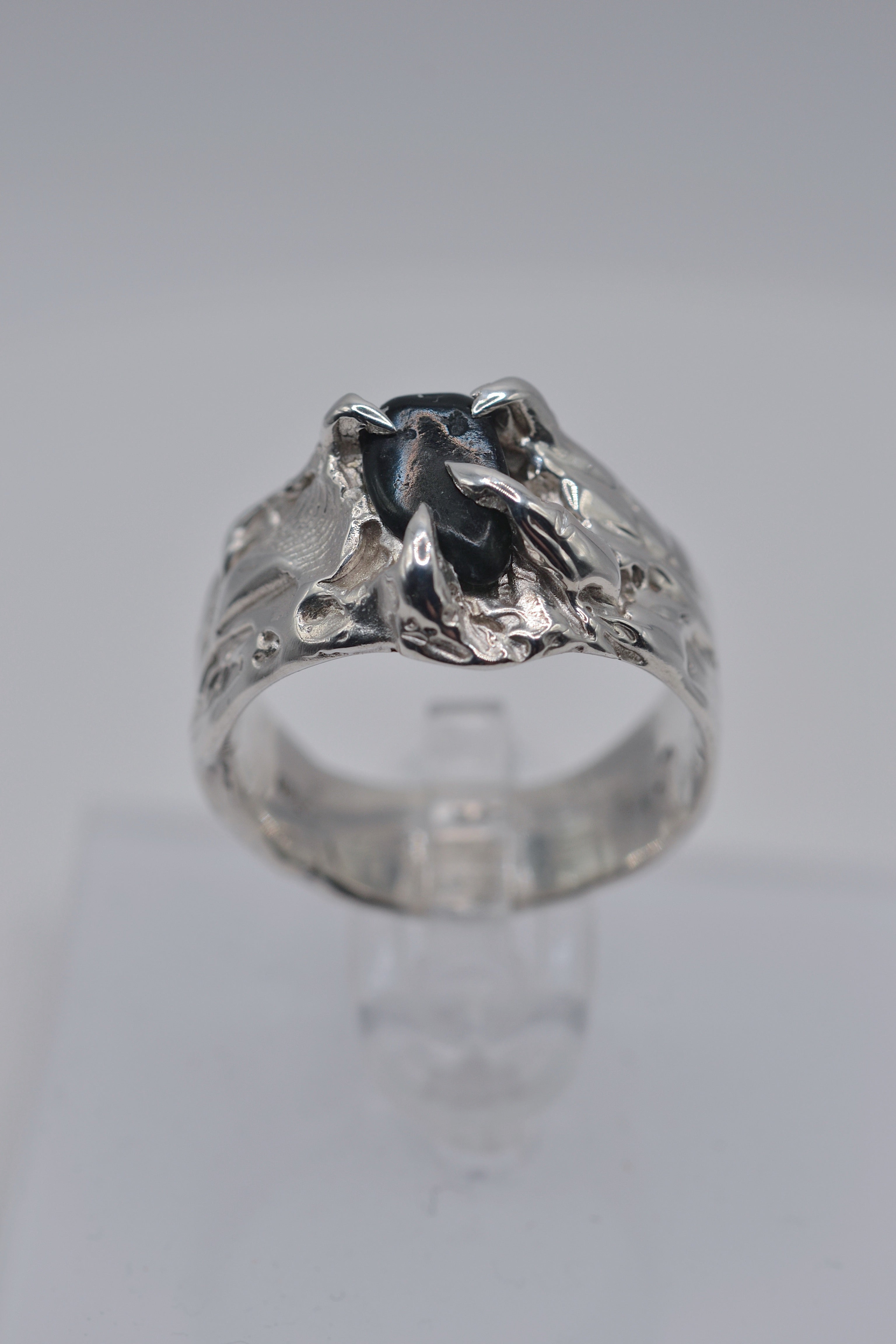 Top angle of the Rattlesnake Ring showing organic handmade sterling silver sculptural form lost wax cast alternative jewellery