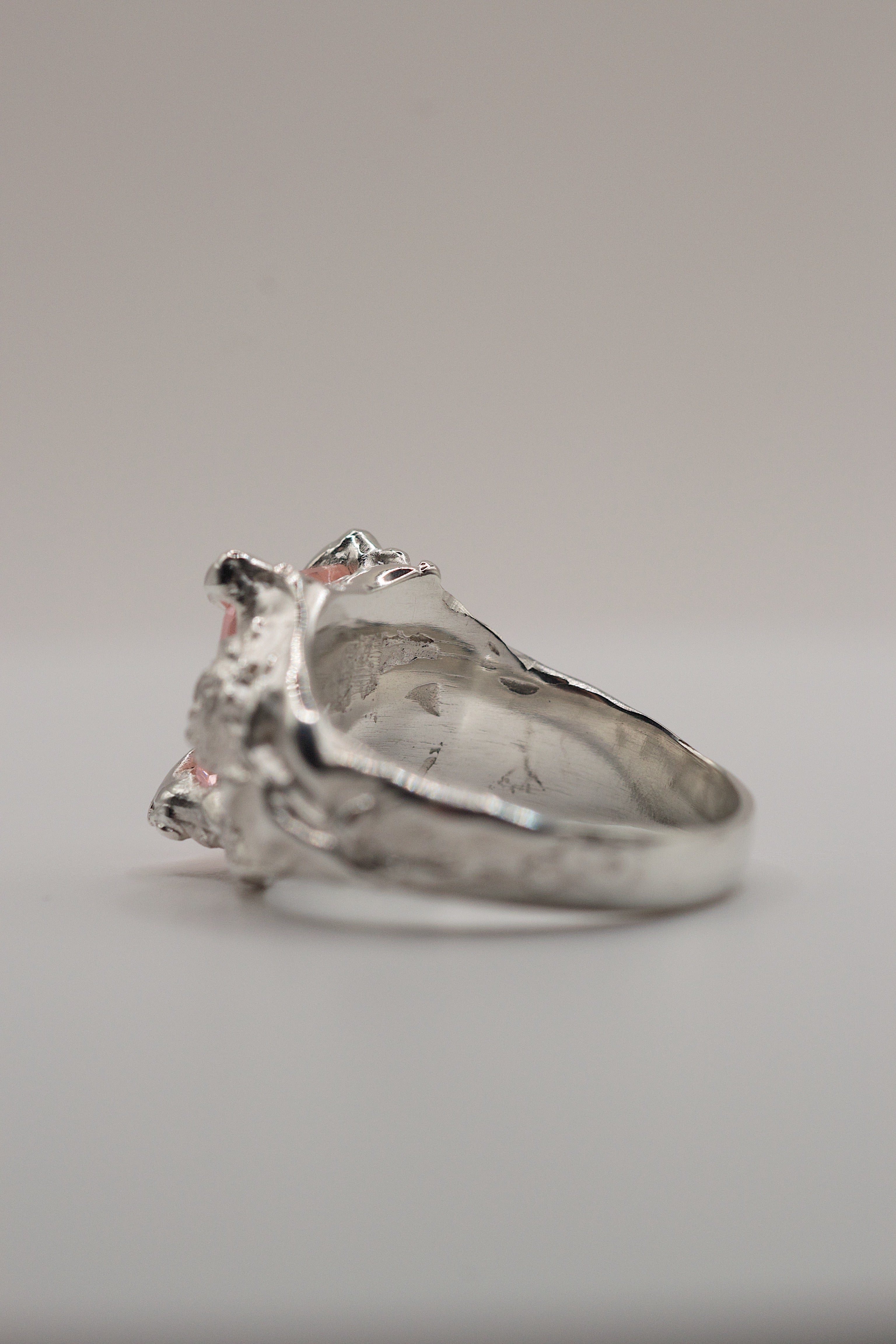 Sculptural alternative engagement ring Rosabelle design lost wax cast in recycled sterling silver with pink tourmaline and sculpted rose detail
