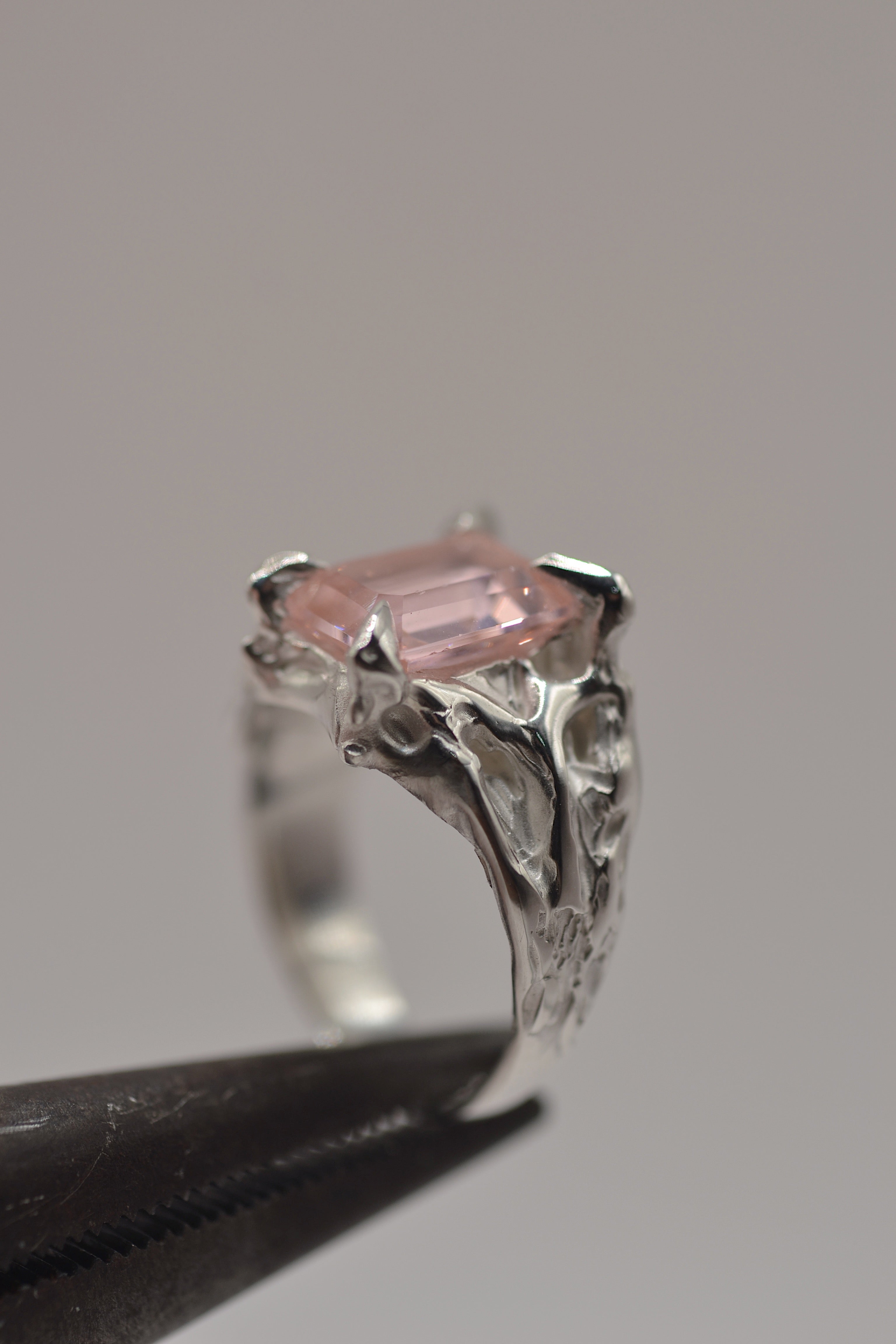 Non traditional engagement ring Rosabelle lost wax cast in sterling silver with pink tourmaline and organic rose petal sculpted band
