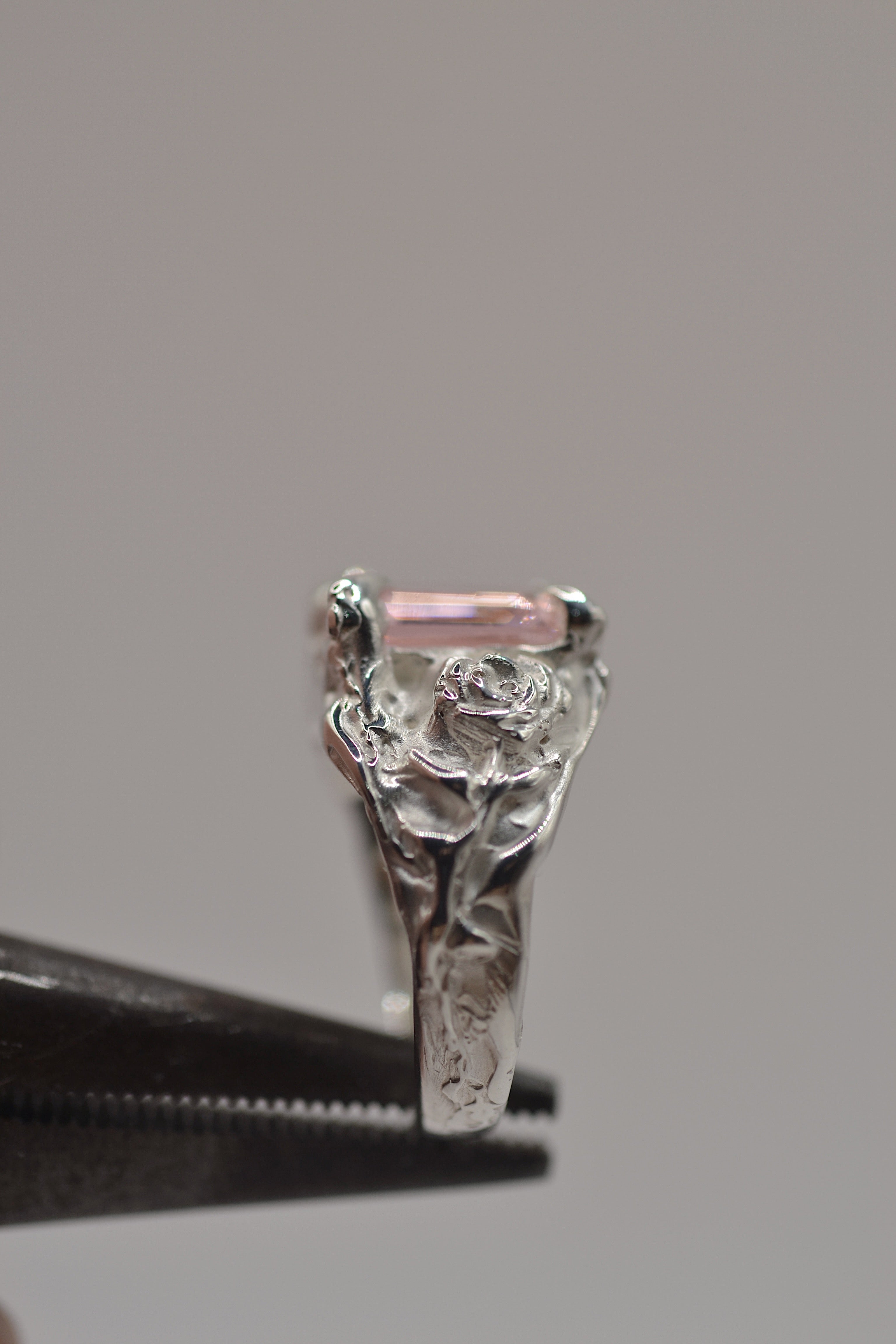 Lost wax cast silver Rosabelle Ring with pink tourmaline and sculpted rose in ring box handmade romantic alternative engagement ring