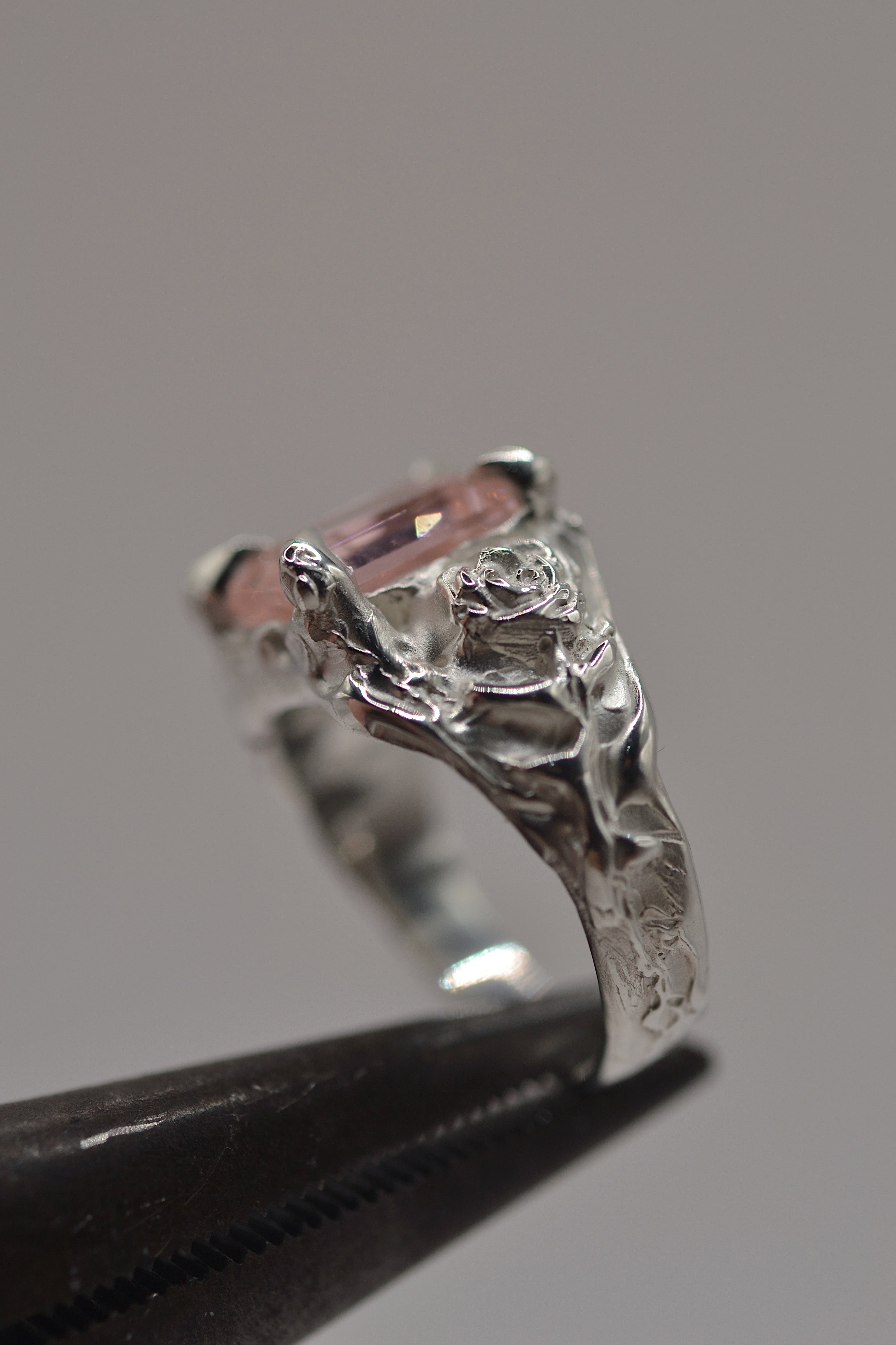 Romantic sculptural sterling silver ring Rosabelle design with pink tourmaline and sculpted rose handmade alternative jewellery