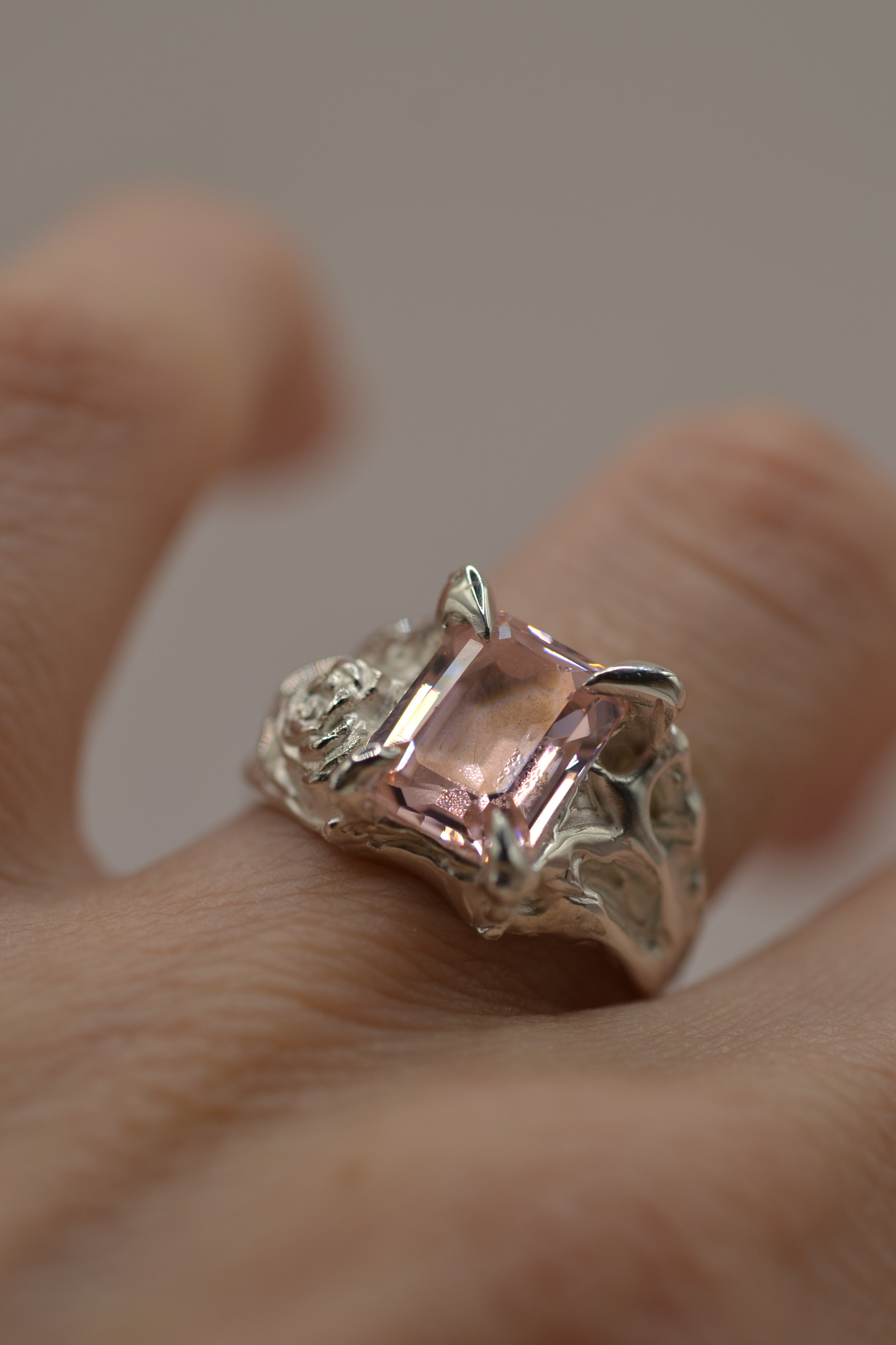 Unique handmade silver engagement ring Rosabelle design lost wax cast with pink tourmaline and sculpted organic rose detail
