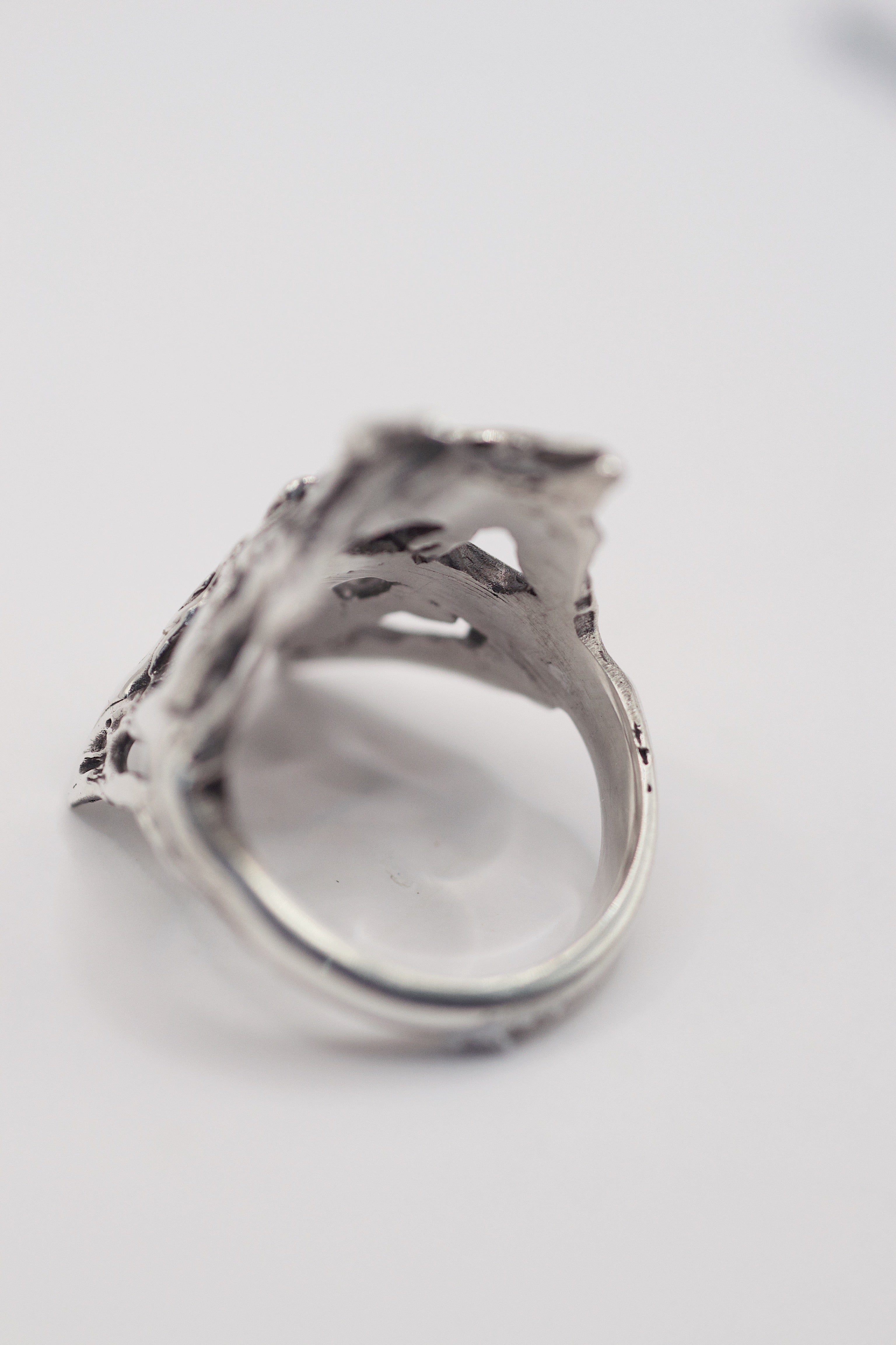 Dramatic gothic inspired sculptural ring Scarlet design lost wax cast in darkened sterling silver with red garnet heart stone