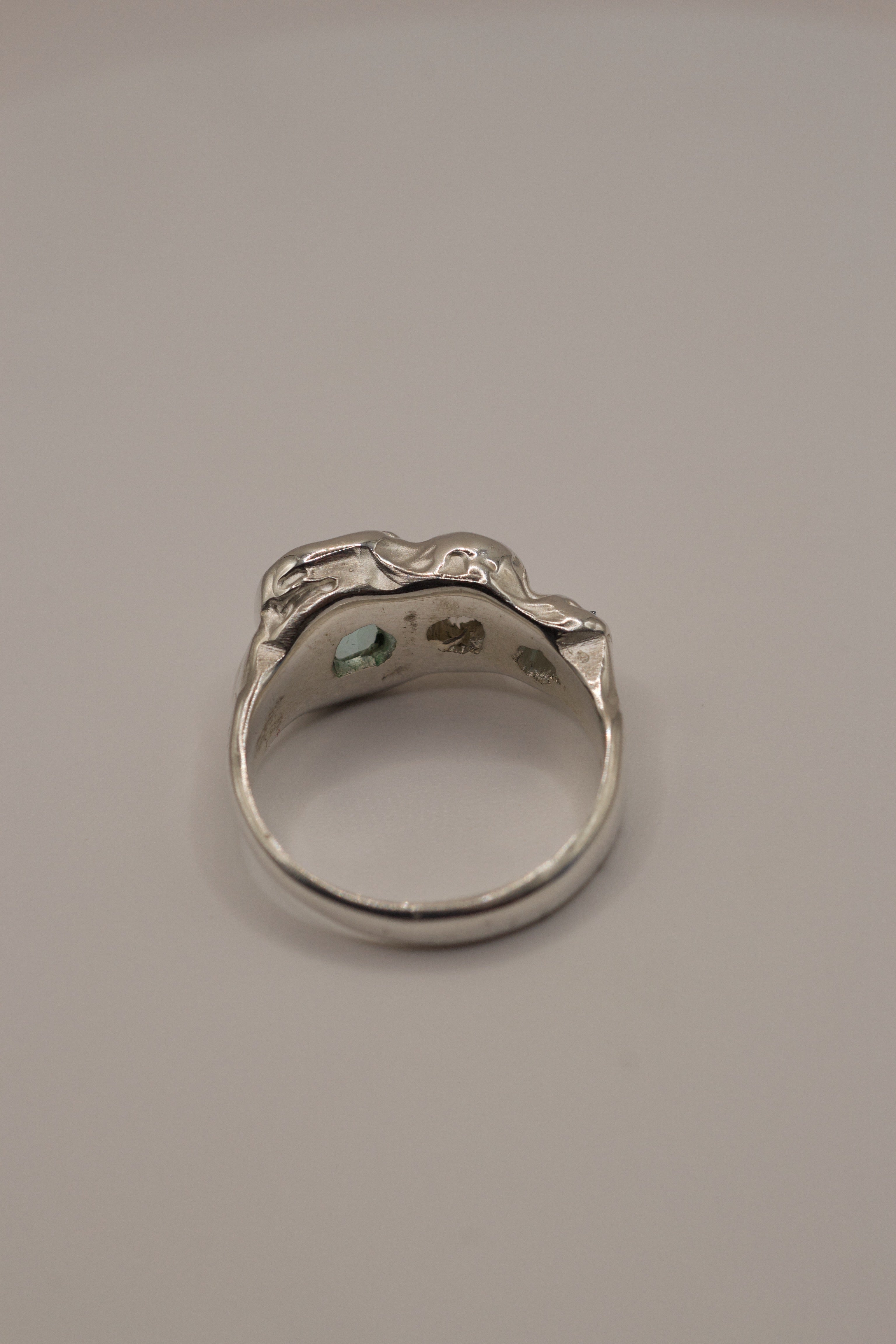 Unique non traditional silver ring Seafoam Siren design lost wax cast in sterling silver with aqua and green gemstone cluster