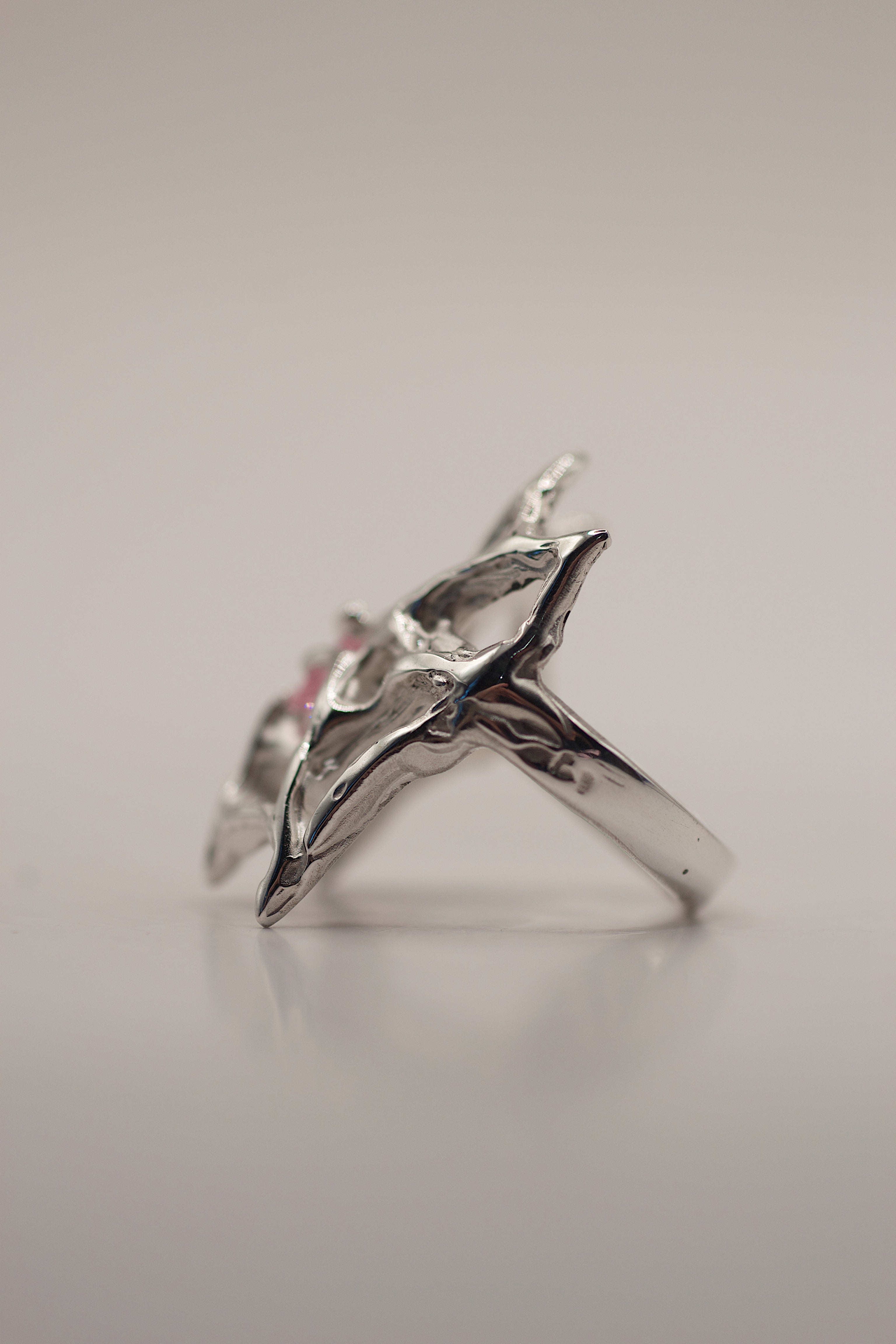 Unique gothic alternative silver ring Silk design with open web structure and pink heart stone lost wax cast in sterling silver