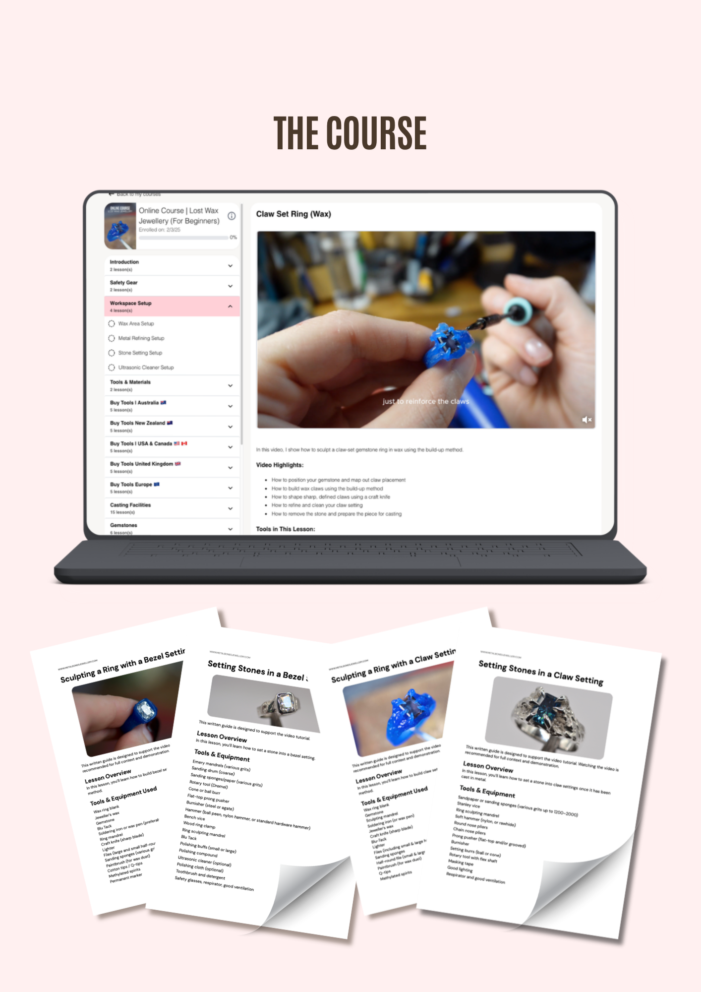 Inside preview of Metal Bones online lost wax jewellery course showing modules and downloadable guides