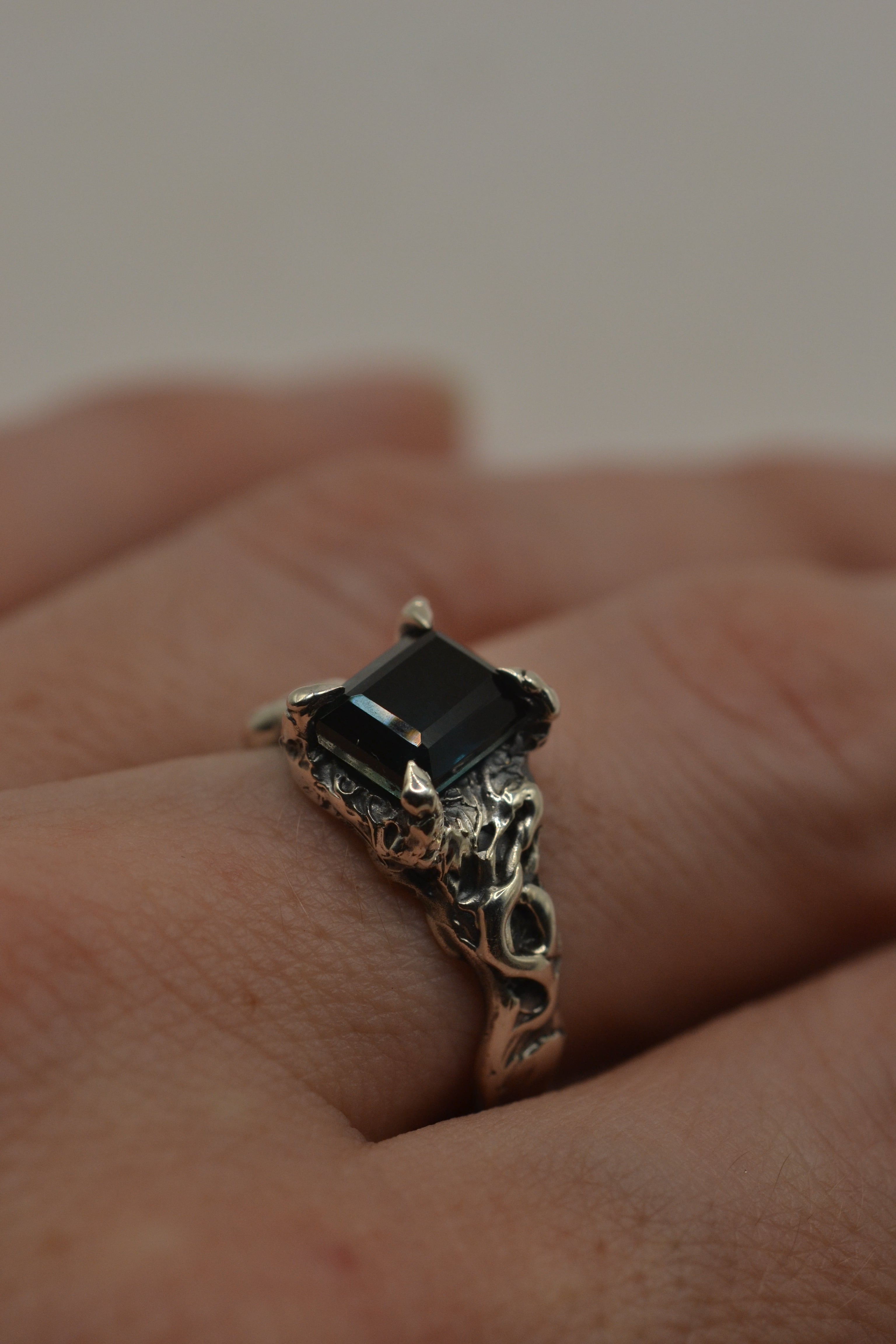 Unique gothic non traditional silver ring Twilight design lost wax cast in darkened sterling silver on dark background handmade using wax carving technique