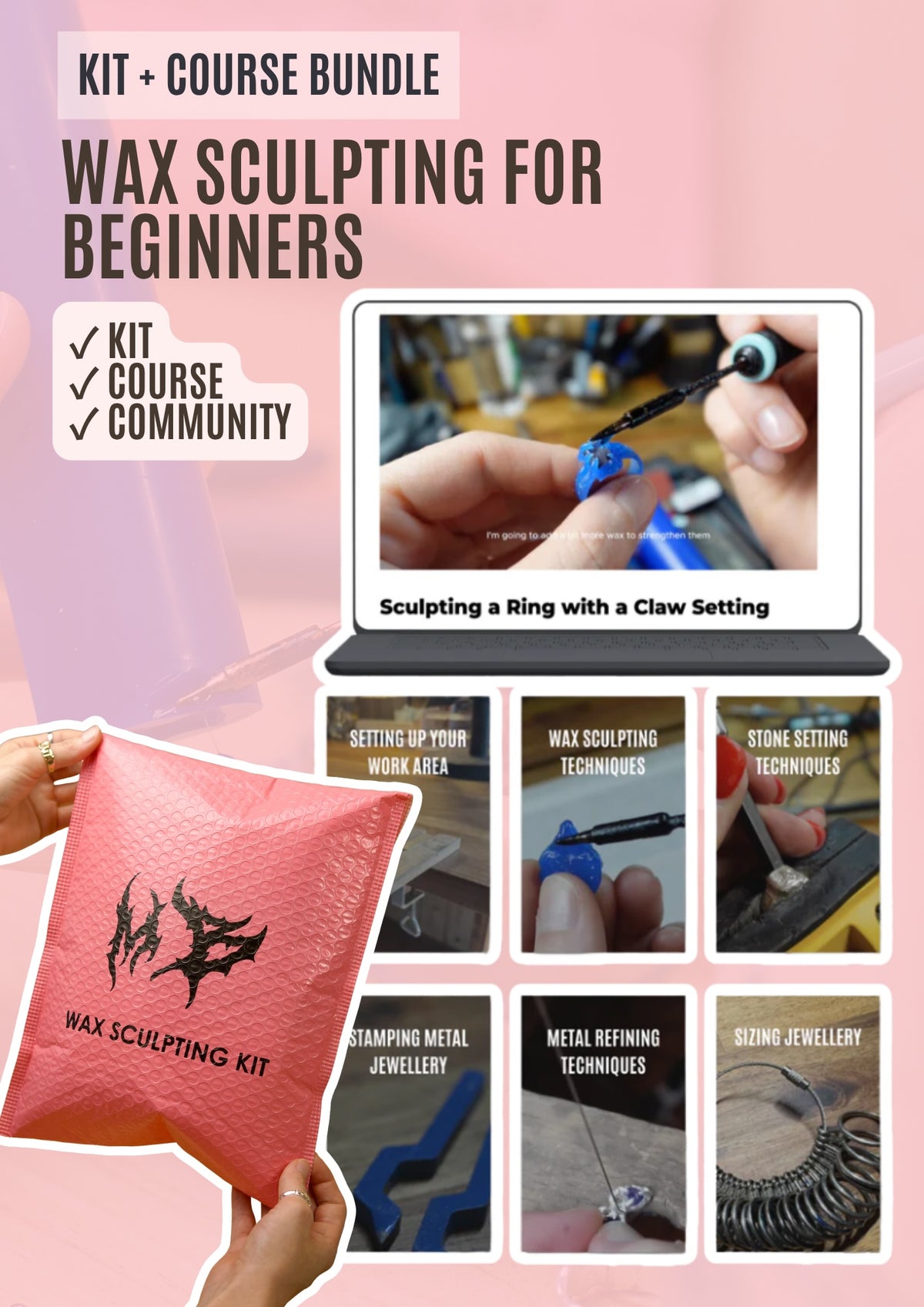 Wax ring carving kit and online wax carving course for beginners, pink Metal Bones kit bag with step by step photos