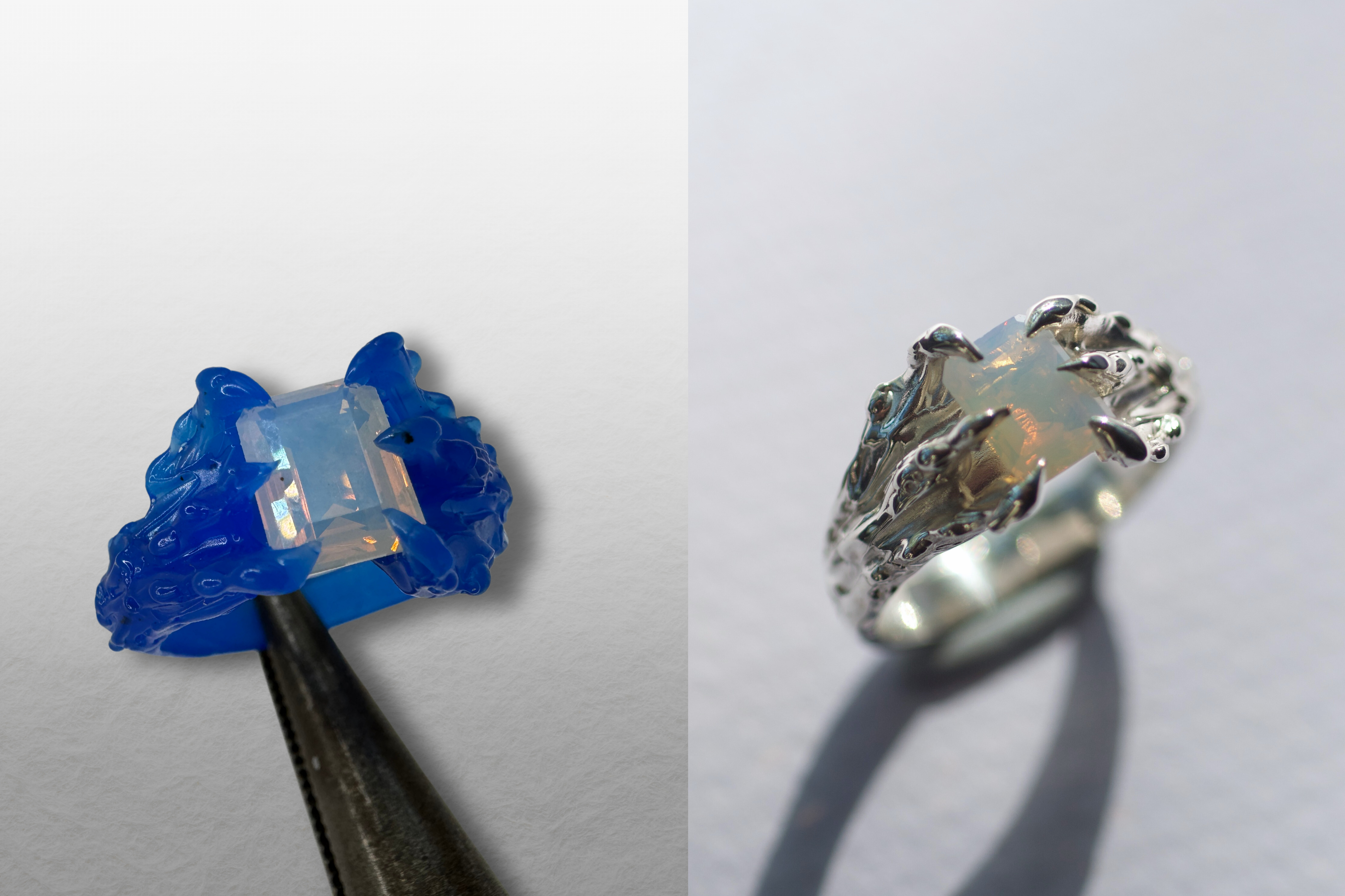 before and after lost wax carved ring in silver