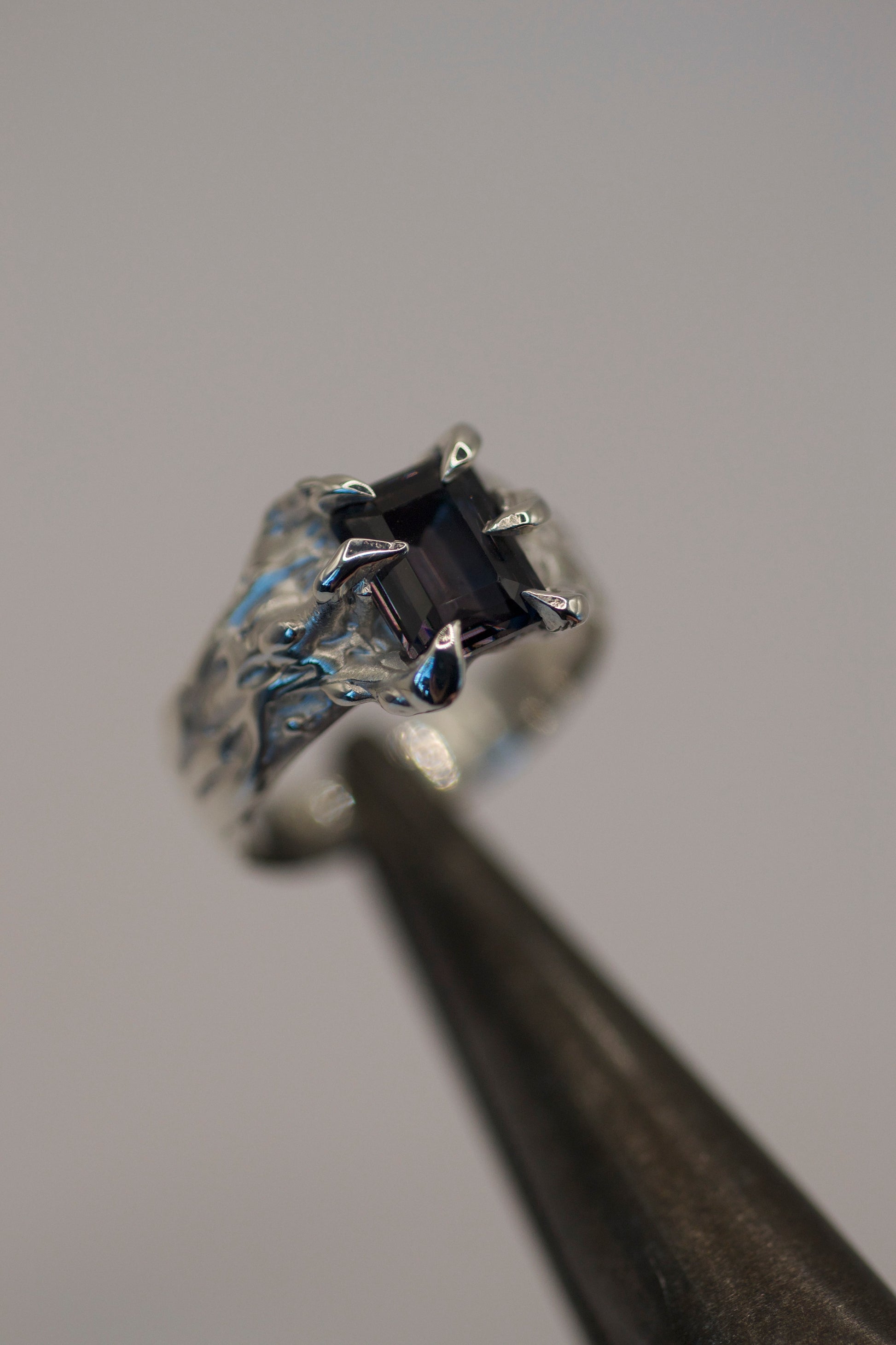 Organic handmade silver ring with lab-grown gemstone in six gothic prongs