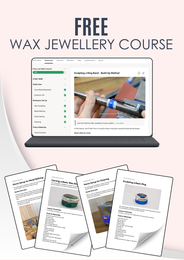 Laptop mockup showing the Free Wax Jewellery Course dashboard with beginner wax carving lessons, step-by-step tutorials, and downloadable PDF guides for learning lost wax jewellery making at home.