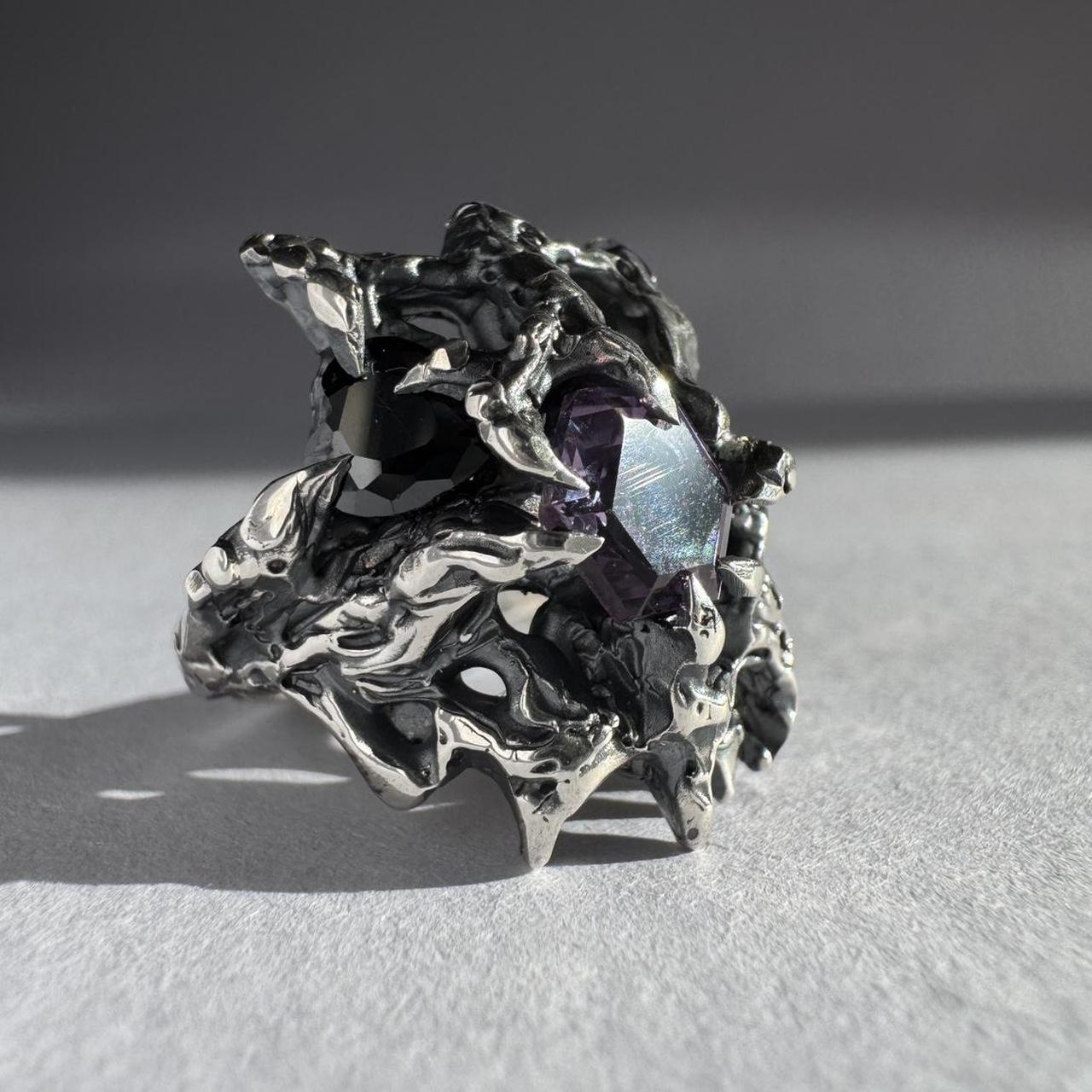 Gothic silver ring with spiked web-like texture, heart-shaped black CZ, hexagon alexandrite, molten recycled 925 silver.