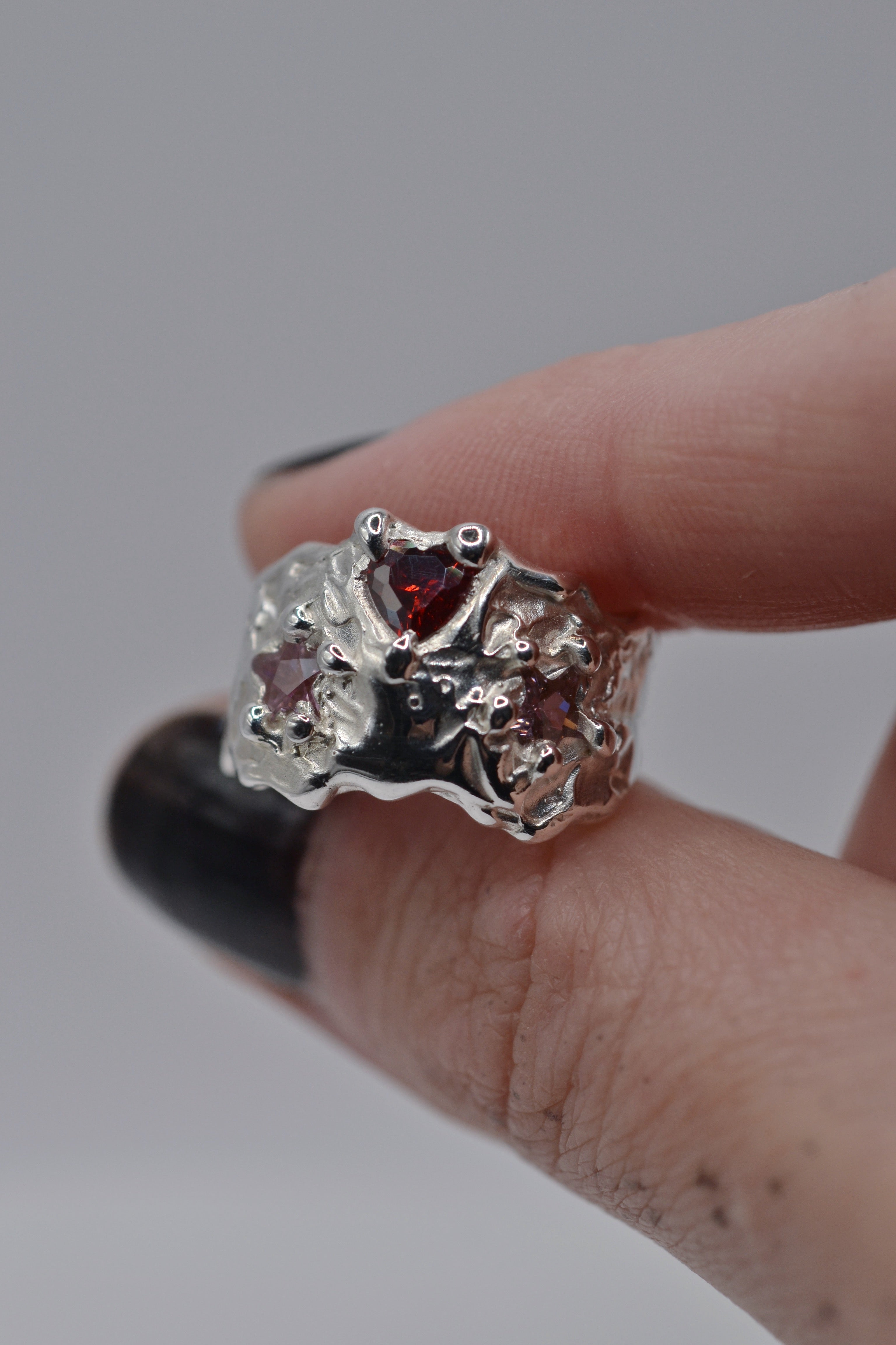 Cosmic cowgirl ring worn. Organic sterling silver alternative engagement ring, handmade lost wax casting. Metal Bones Jewellery.