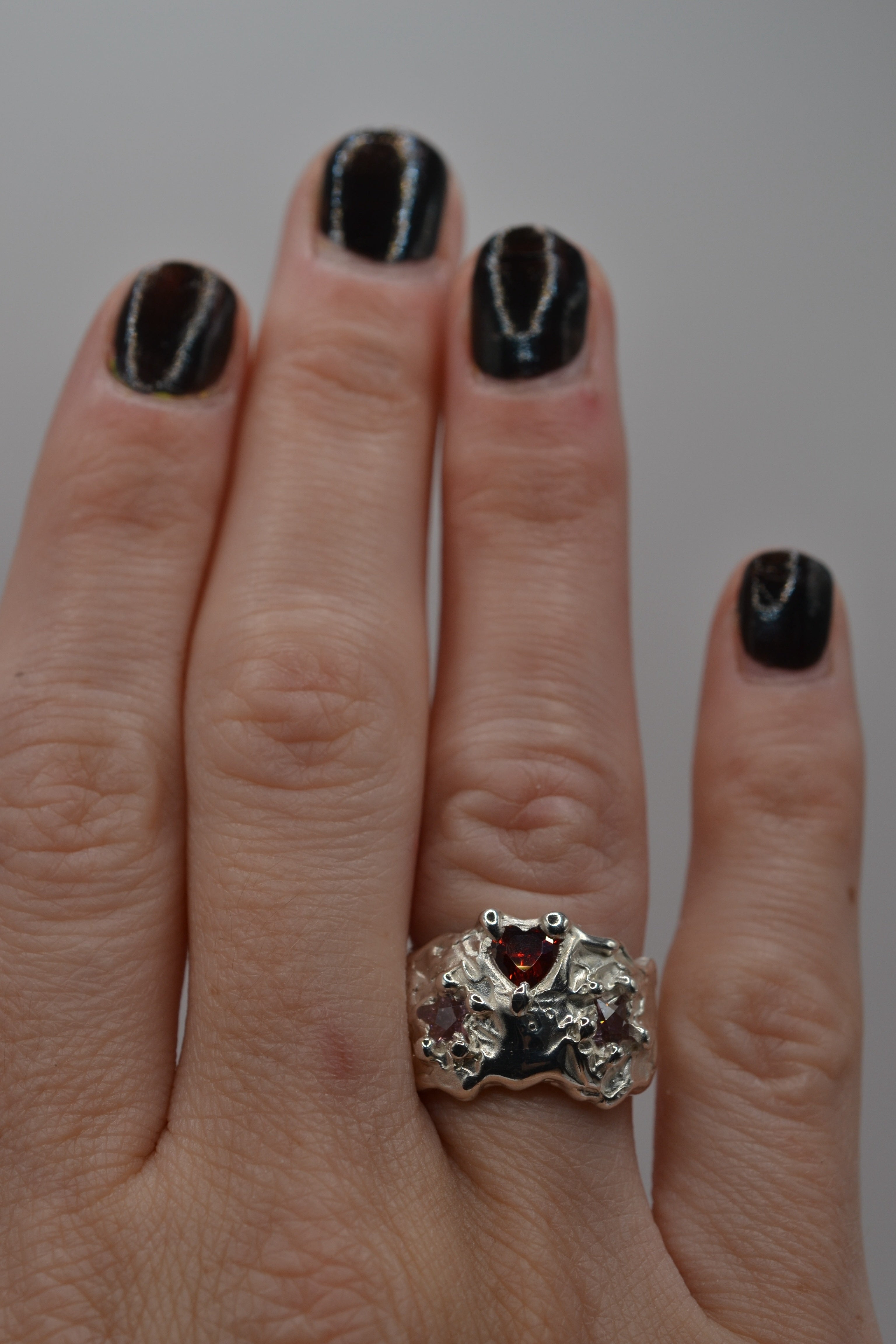 Unique sterling silver handmade ring. Lost wax cast, organic molten band, alternative engagement ring. Metal Bones Jewellery.