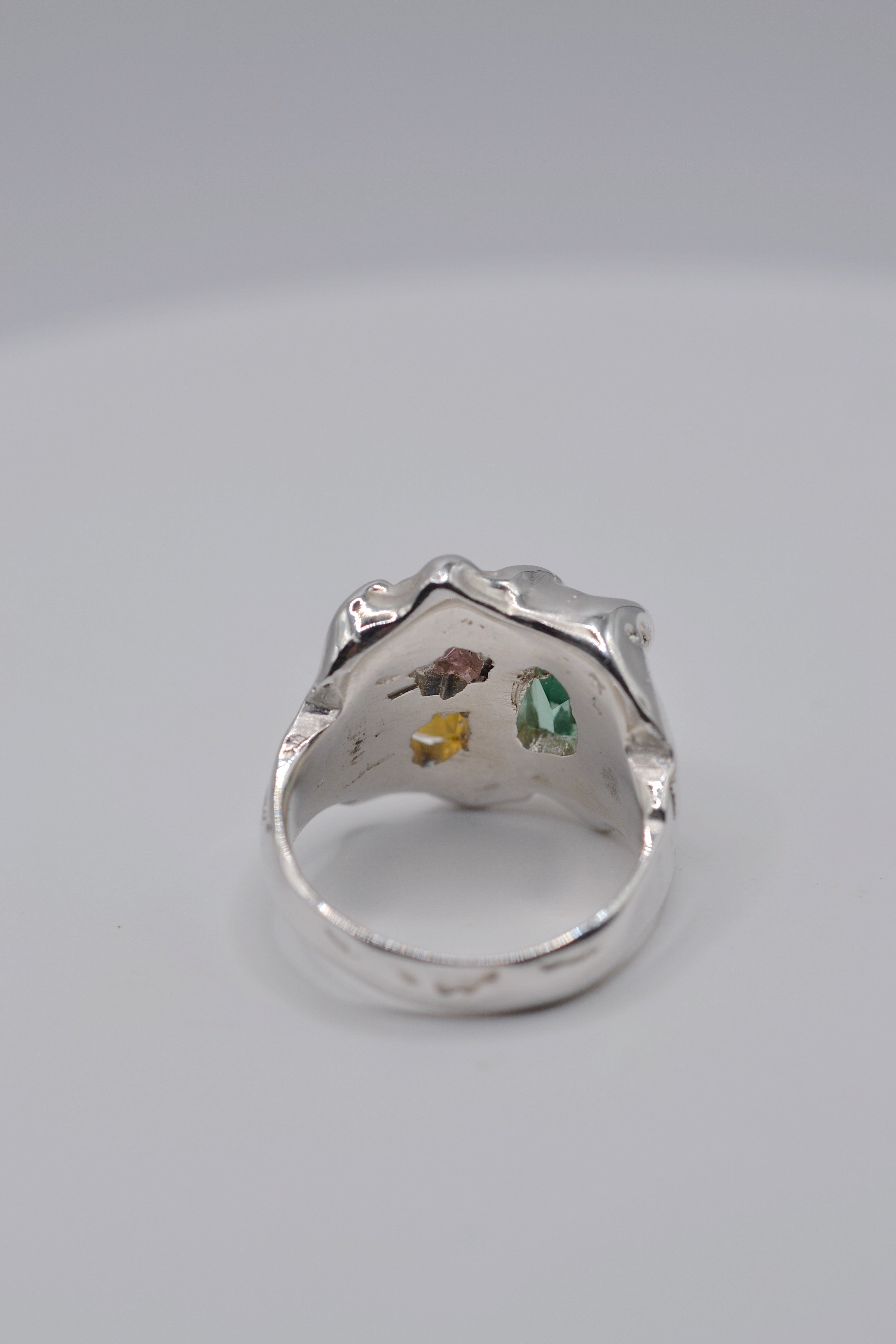 Back view of the Mirage. Wax carved organic silver ring, handmade using lost wax casting. Unique alternative engagement ring. Metal Bones Jewellery.