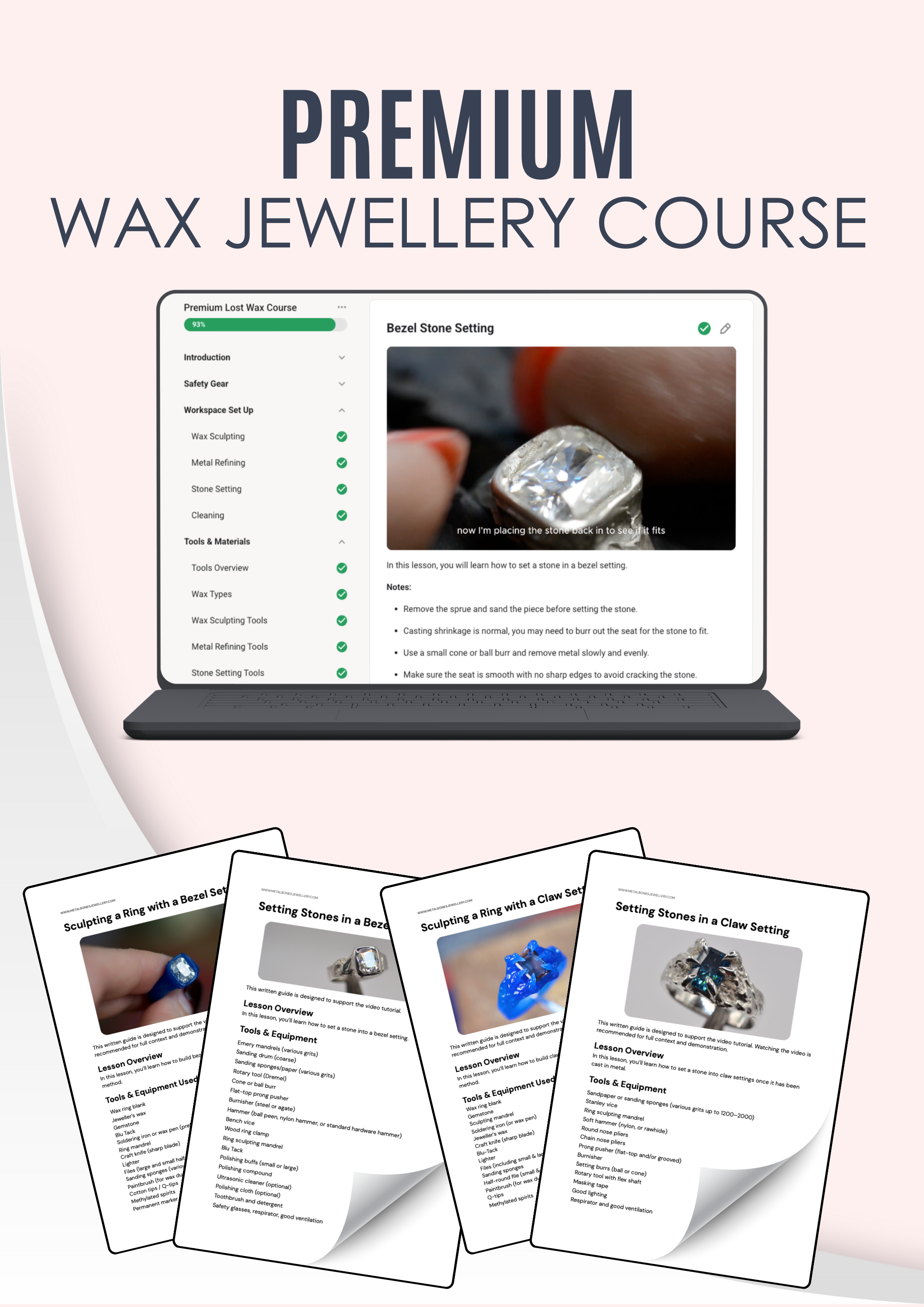 The Premium Wax Jewellery Course by Metal Bones Jewellery, an online course teaching lost wax jewellery making, wax sculpting, and creating organic jewellery from home.