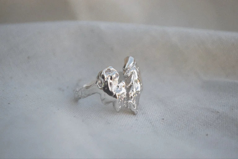 Sterling silver molten metal look, broken heart ring hand carved from wax
