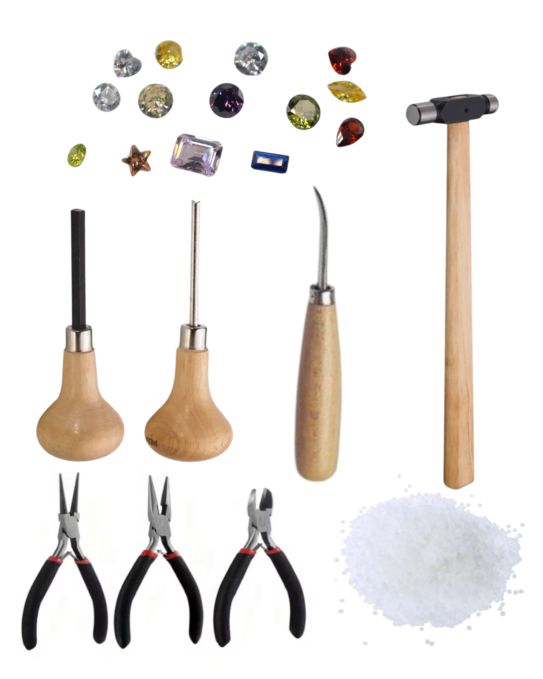 stone setting kit including gemstones for casting in place a flat prong pusher, a prong pusher with a groove, a steel burnisher, a 2oz hammer, 3 pack pliers, and thermoplastic beasd
