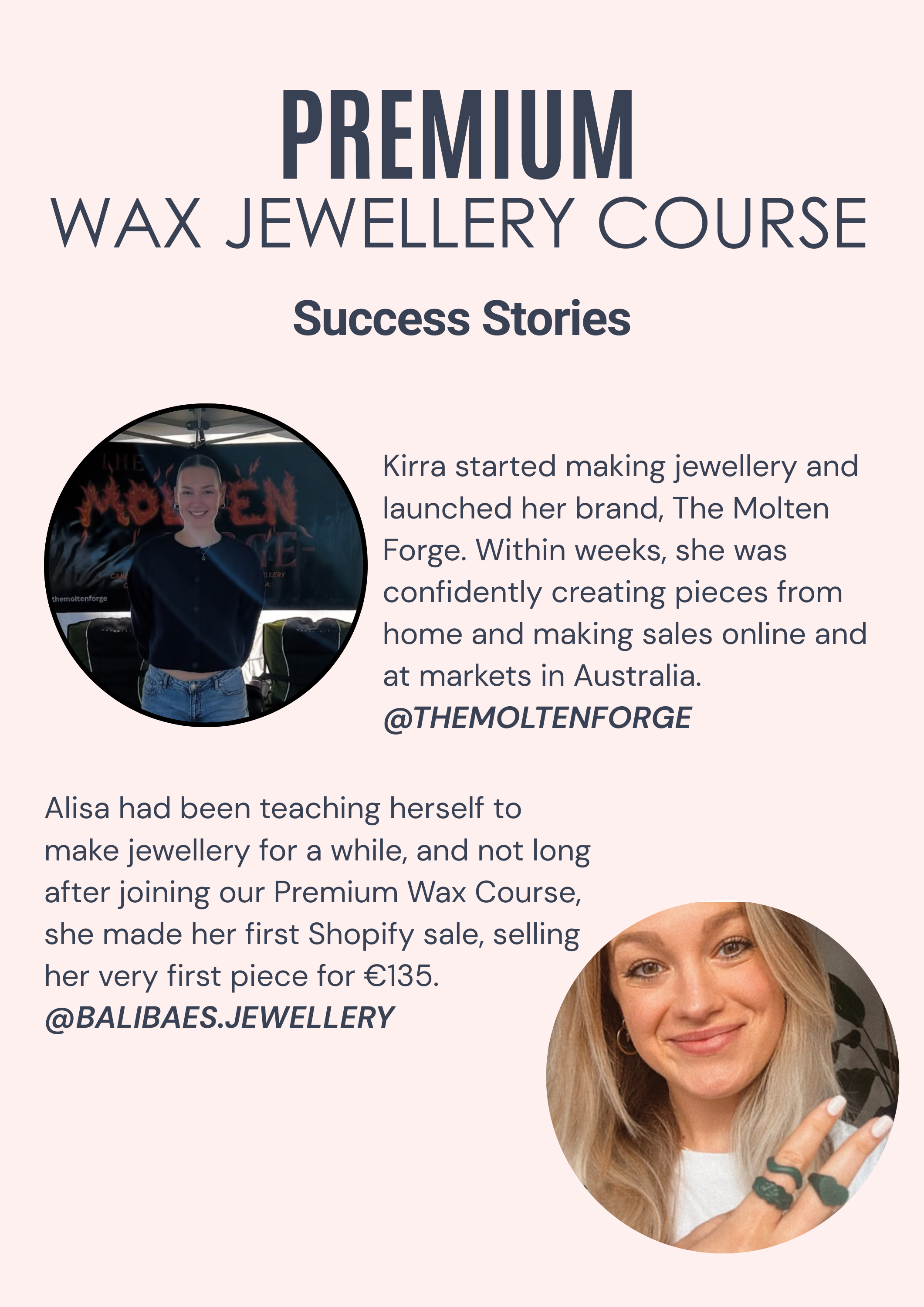 Real student success stories from the Premium Wax Jewellery Course by Metal Bones Jewellery, highlighting creative growth and jewellery businesses launched after completing the course.