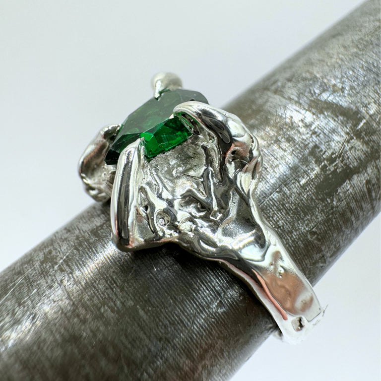 Stunning emerald pear lab grown nano crystal. Four organic gothic claws. Gothic details and grooves on the band. Hand carved from the lost wax method.