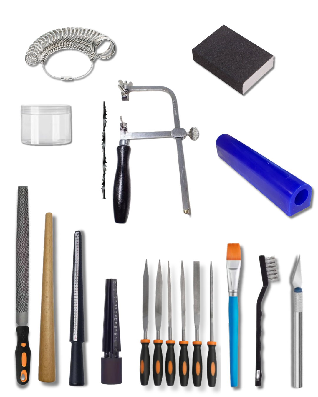 A beginner friendly wax carving kit from Metal Bones Studio arranged on a wooden surface in front of a brown paper bag with the Metal Bones logo. The kit includes various jewellery making tools such as files, a wood mandrel, a mini wax carving mandrel, a craft knife, and a small brass wire brush, alongside genuine blue ferris wax.