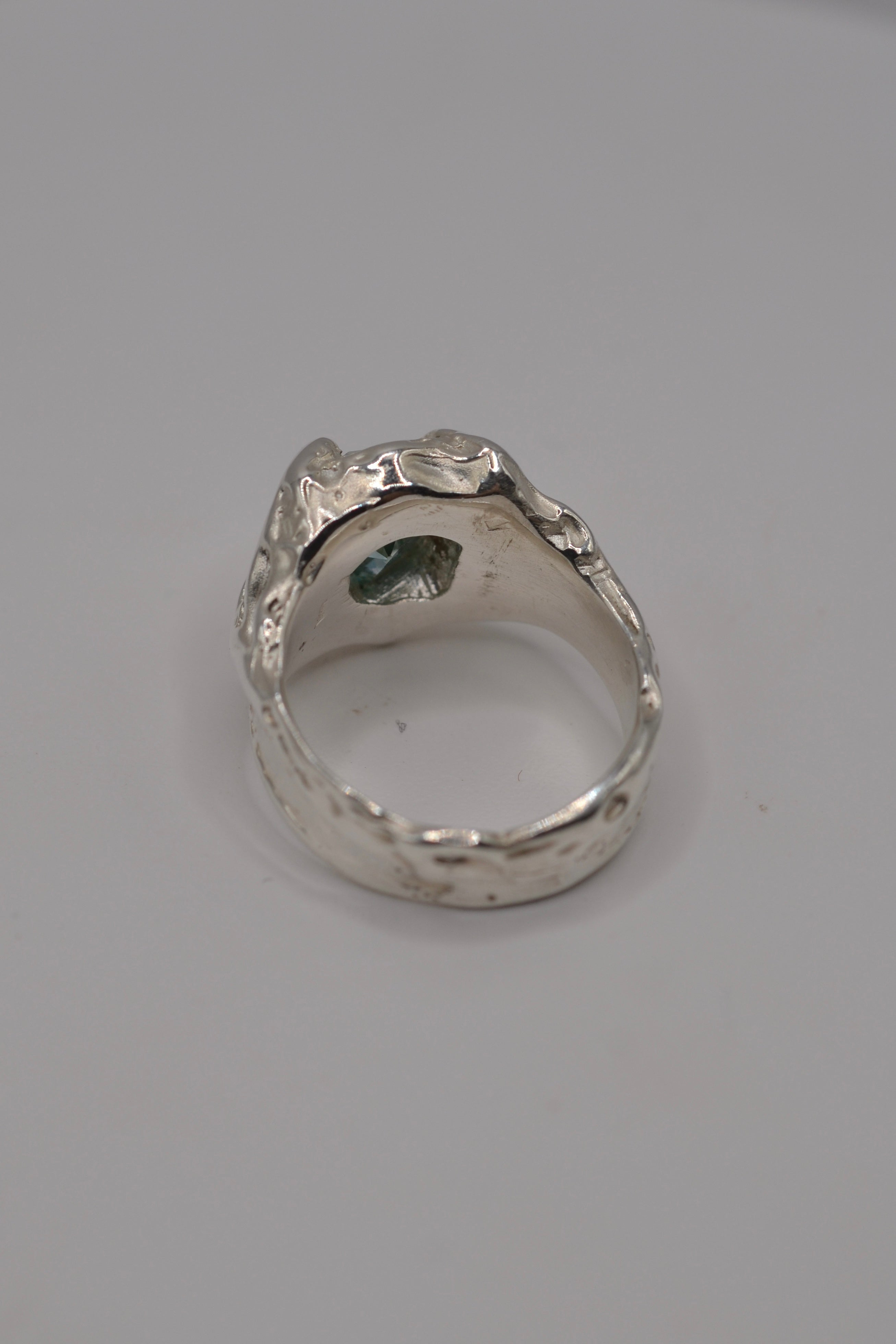 Overhead view of the Wrangler. Wax carved organic silver ring, handmade using lost wax casting. Unique alternative engagement ring. Metal Bones Jewellery.