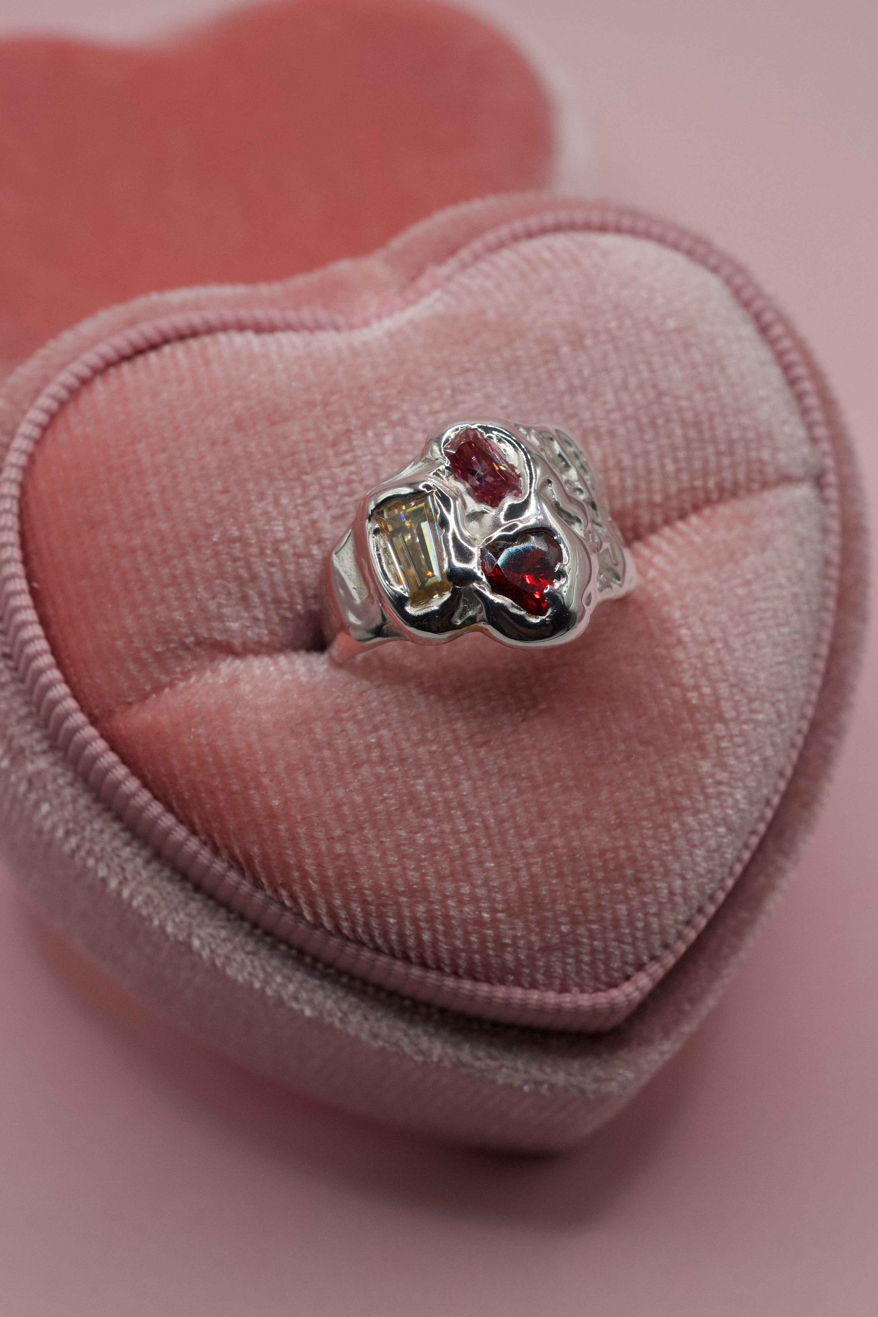 Unique lost wax cast silver ring with multicolour candy-shaped gemstone cluster handmade alternative jewellery using wax carving technique
