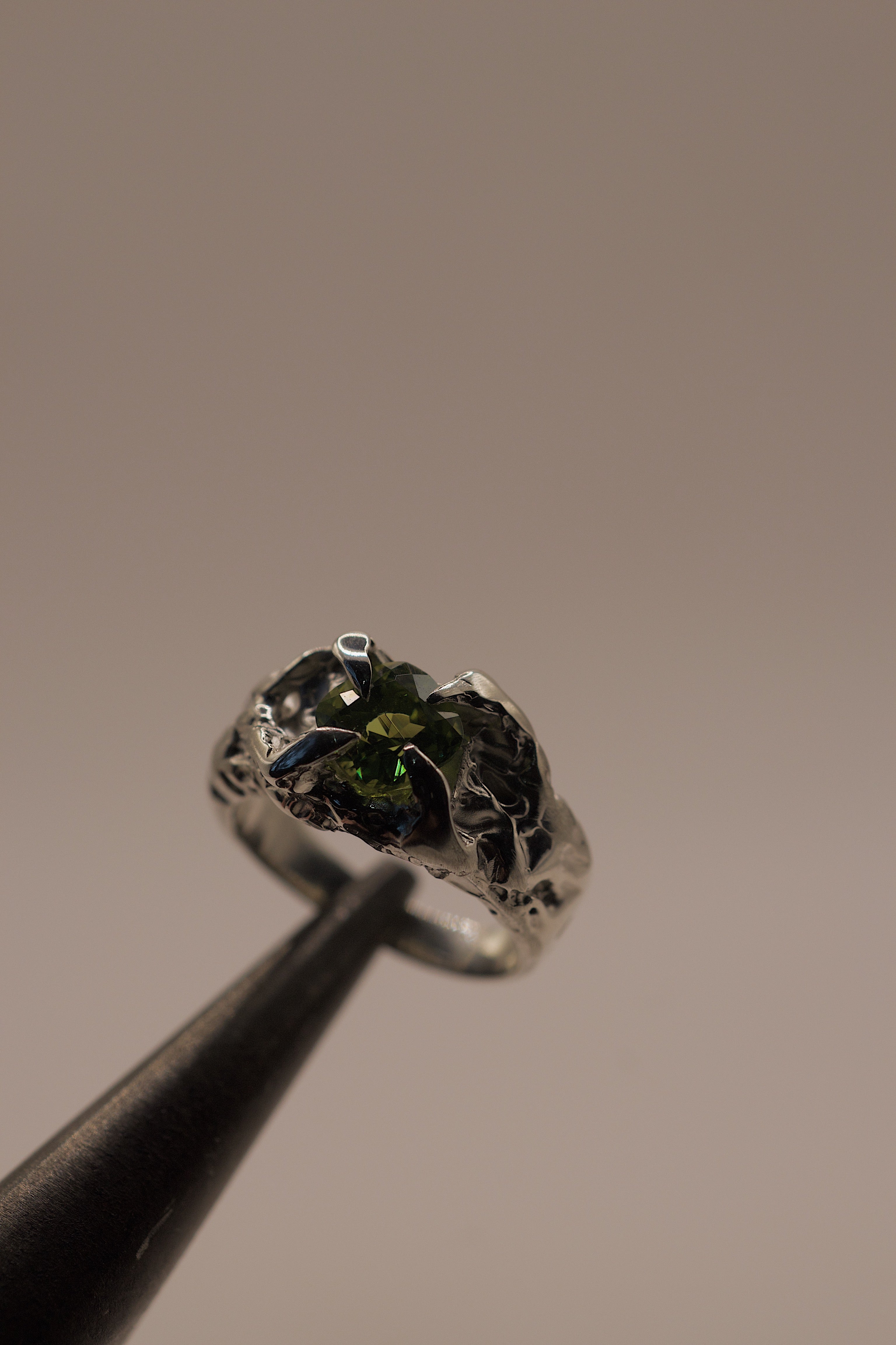 Back angle of the Fern Ring showing organic recycled sterling silver band with textured dimensional detail handmade using lost wax casting