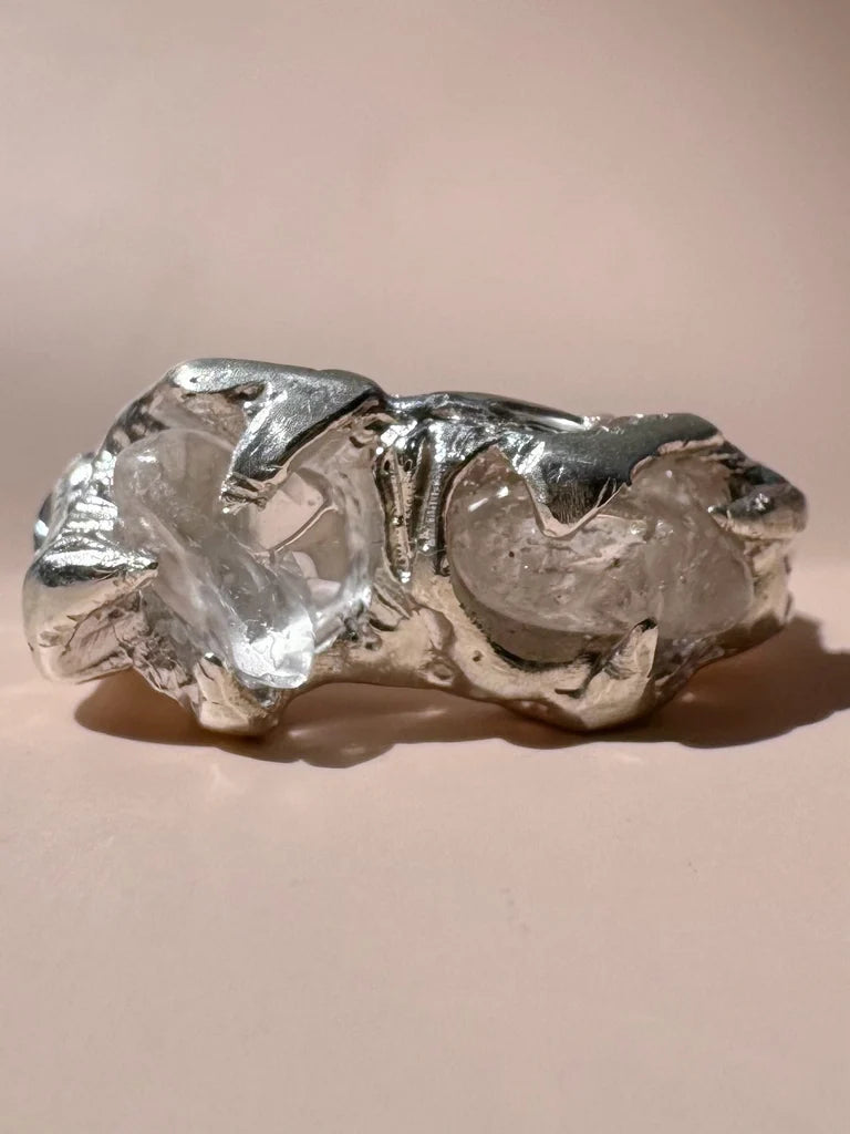 Silver organic textured ring with clear crystals, highly detailed molten metal sterling silver handmade ring in Australia using the lost wax technique.
