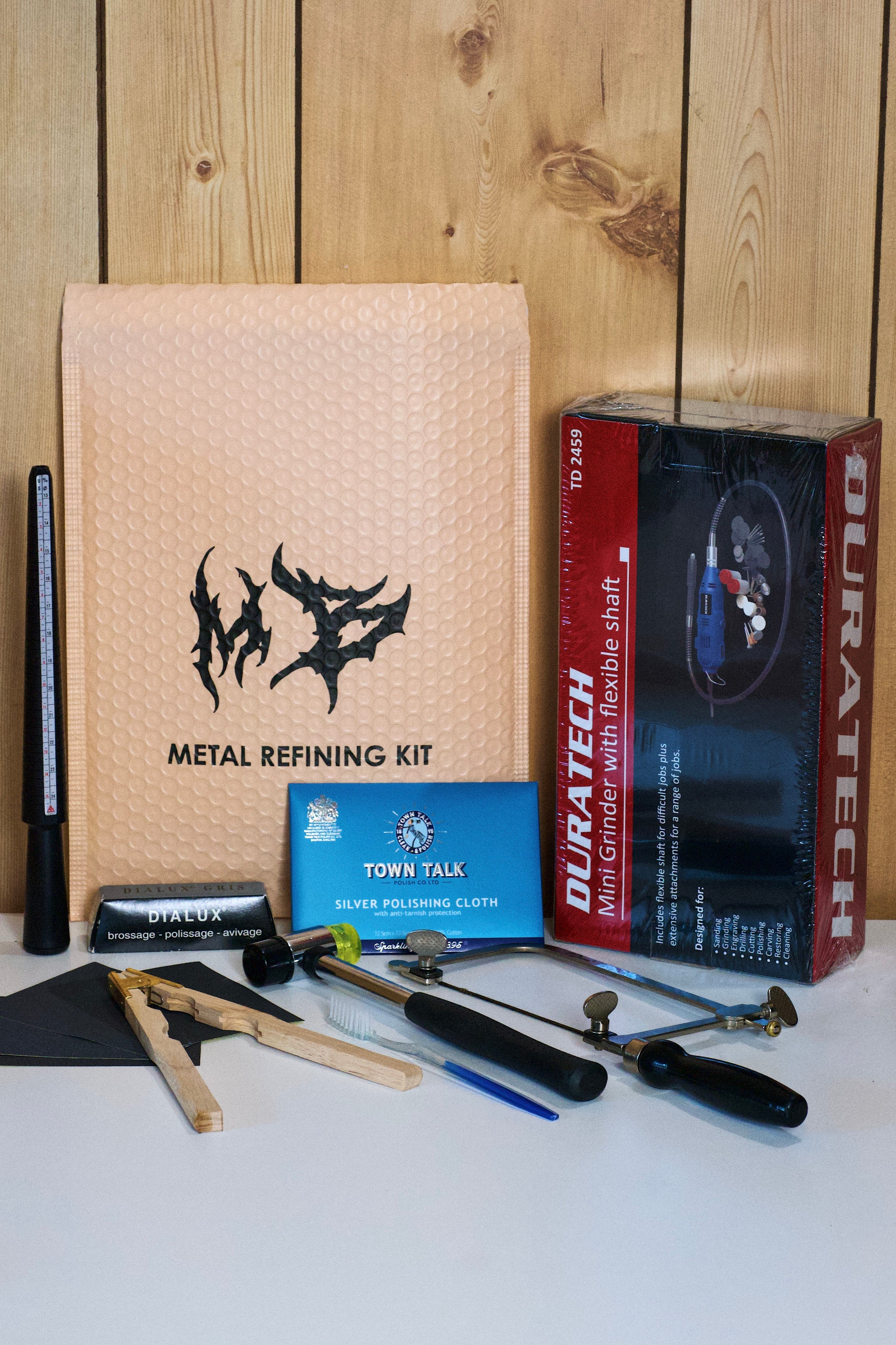 lost wax casting jewellery making kit build up method tools, ring sizing mandrel, jewellers saw, duratech rotary tool with flex shaft, sandpaper, wood ring holder, soft hammer