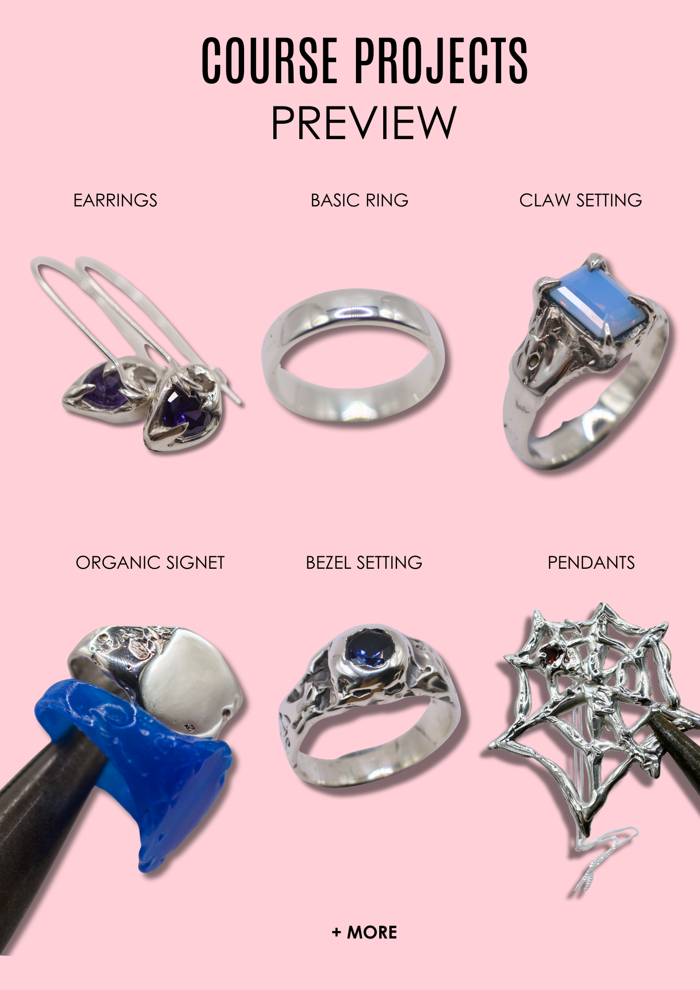 online jewellery making course promo content, preview of rings and pendants to be made from lost wax jewellery