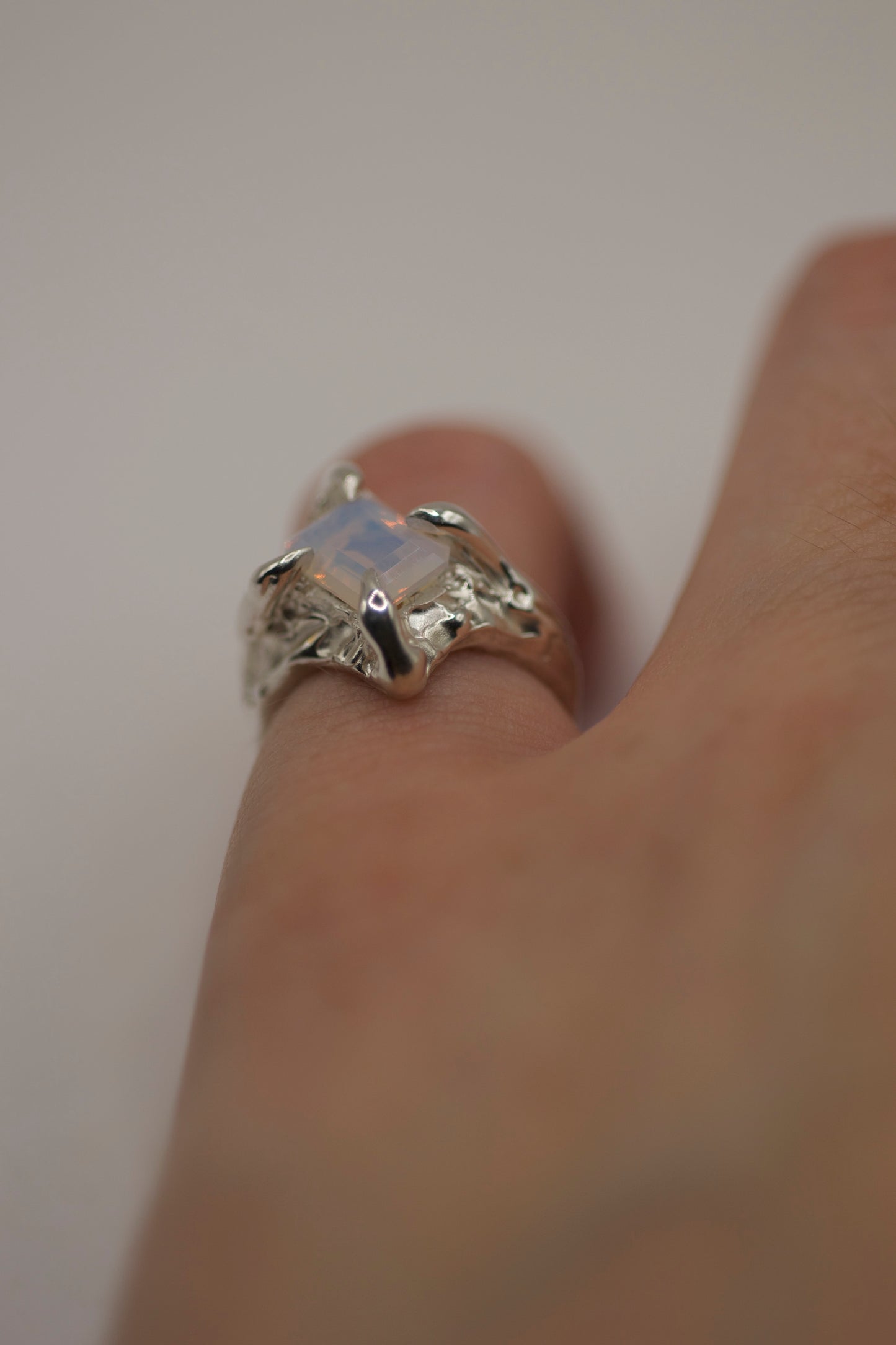 organic silver ring with lab grown opal
