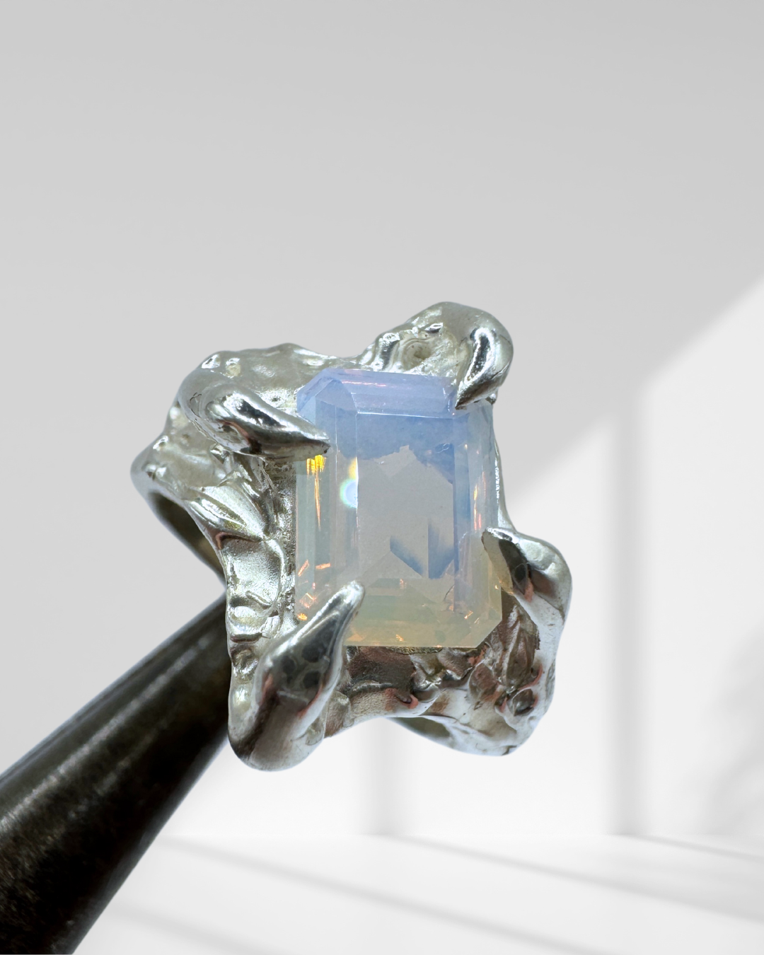 Unique claw setting sterling silver organic ring with milky opal lab grown crystal handmade with wax