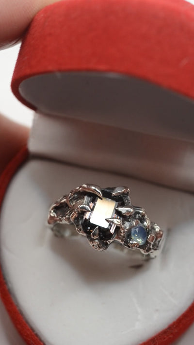 handmade gothic silver ring with lab grown blue opal and grey spinel