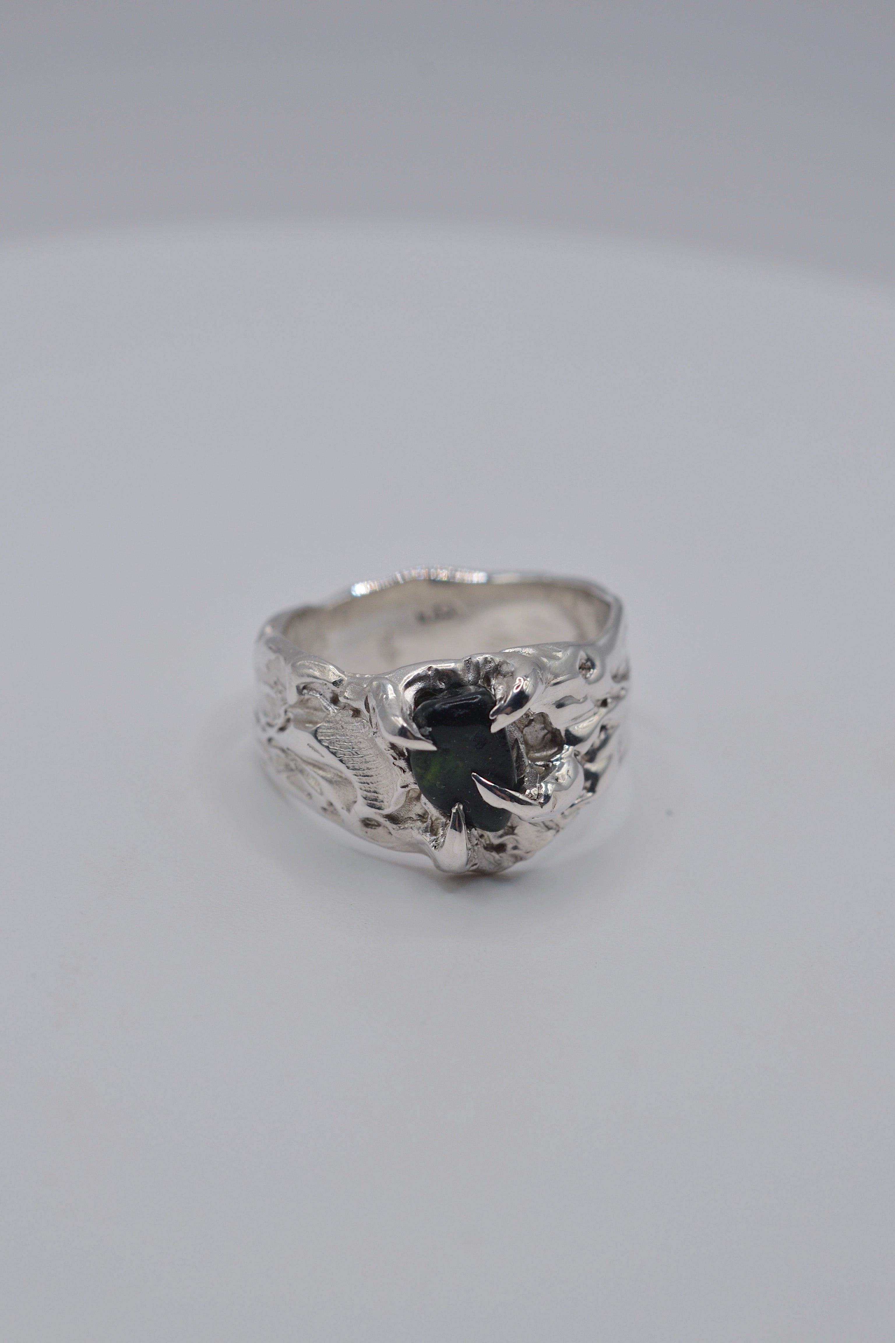 Smaller angle of the handmade lost wax cast sterling silver Rattlesnake Ring showing organic sculptural alternative ring detail