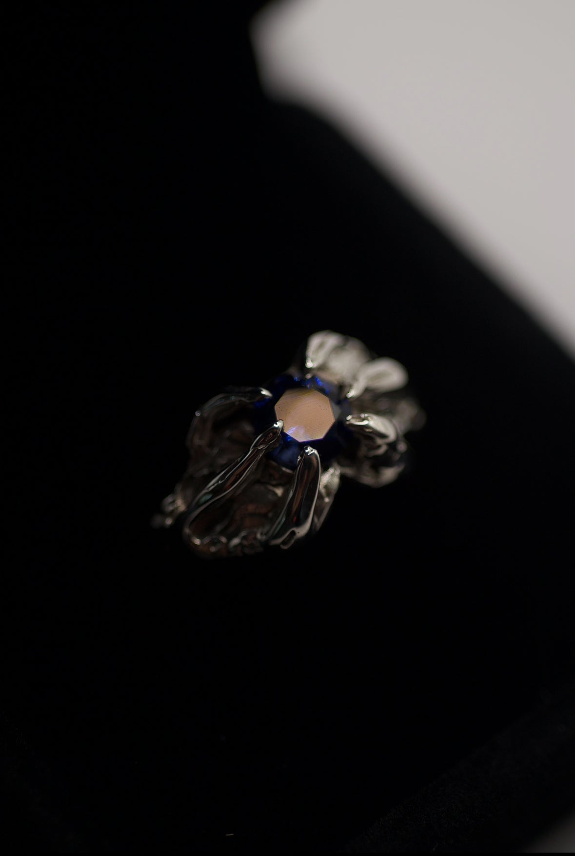 Gothic inspired non traditional darkened silver ring Raven design lost wax cast with natural gemstone and organic textured band