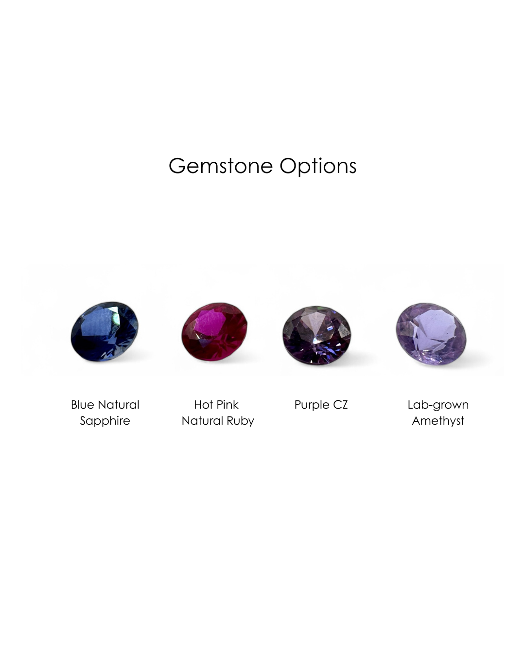 Stone colour options for the Raven Ring showing available gemstone choices including blue sapphire, pink ruby, purple sapphire and amethyst for this handmade lost wax silver ring