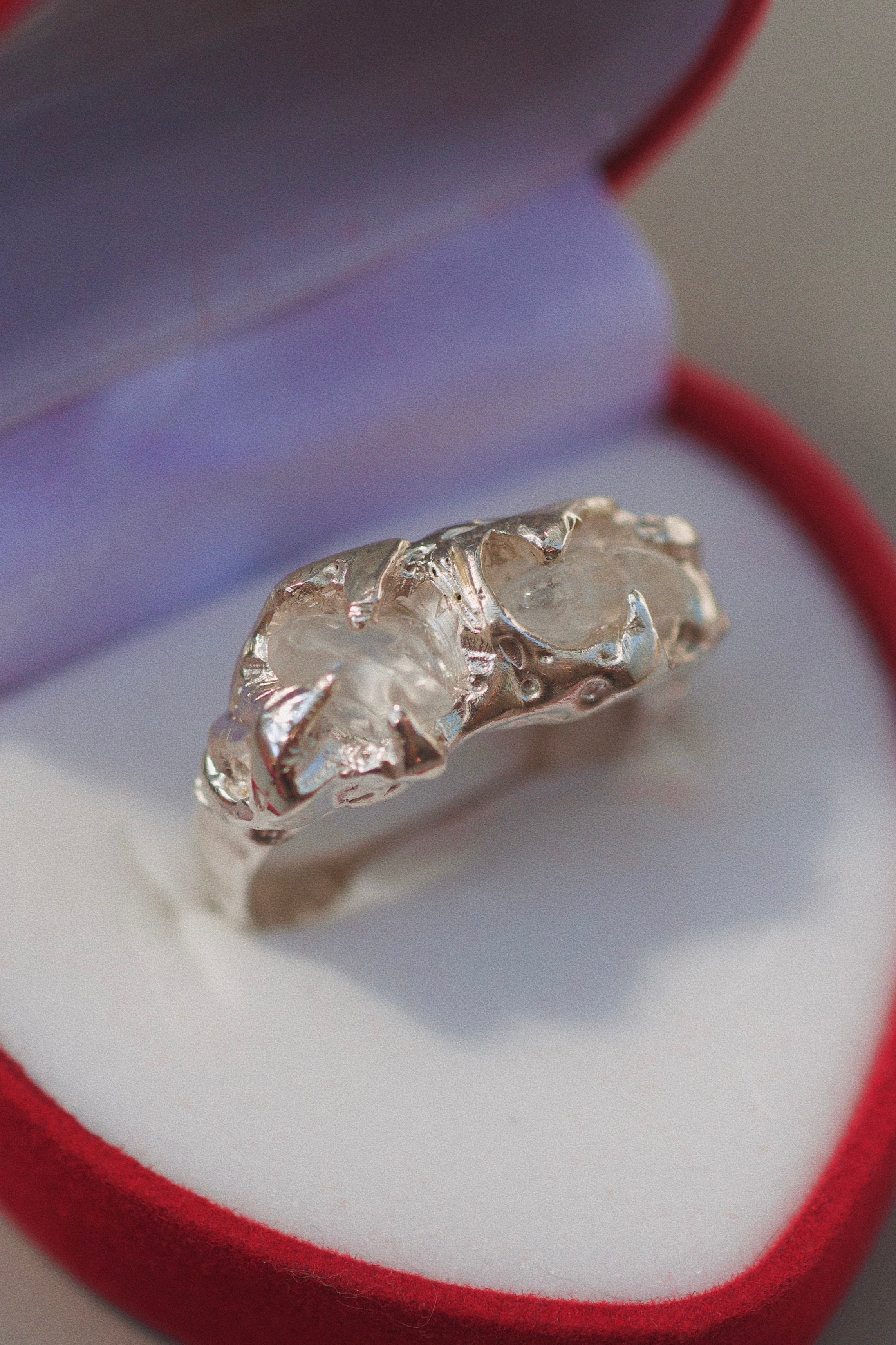 Lost wax cast silver Remnants Ring with raw quartz crystals in ring box handmade sculptural alternative jewellery